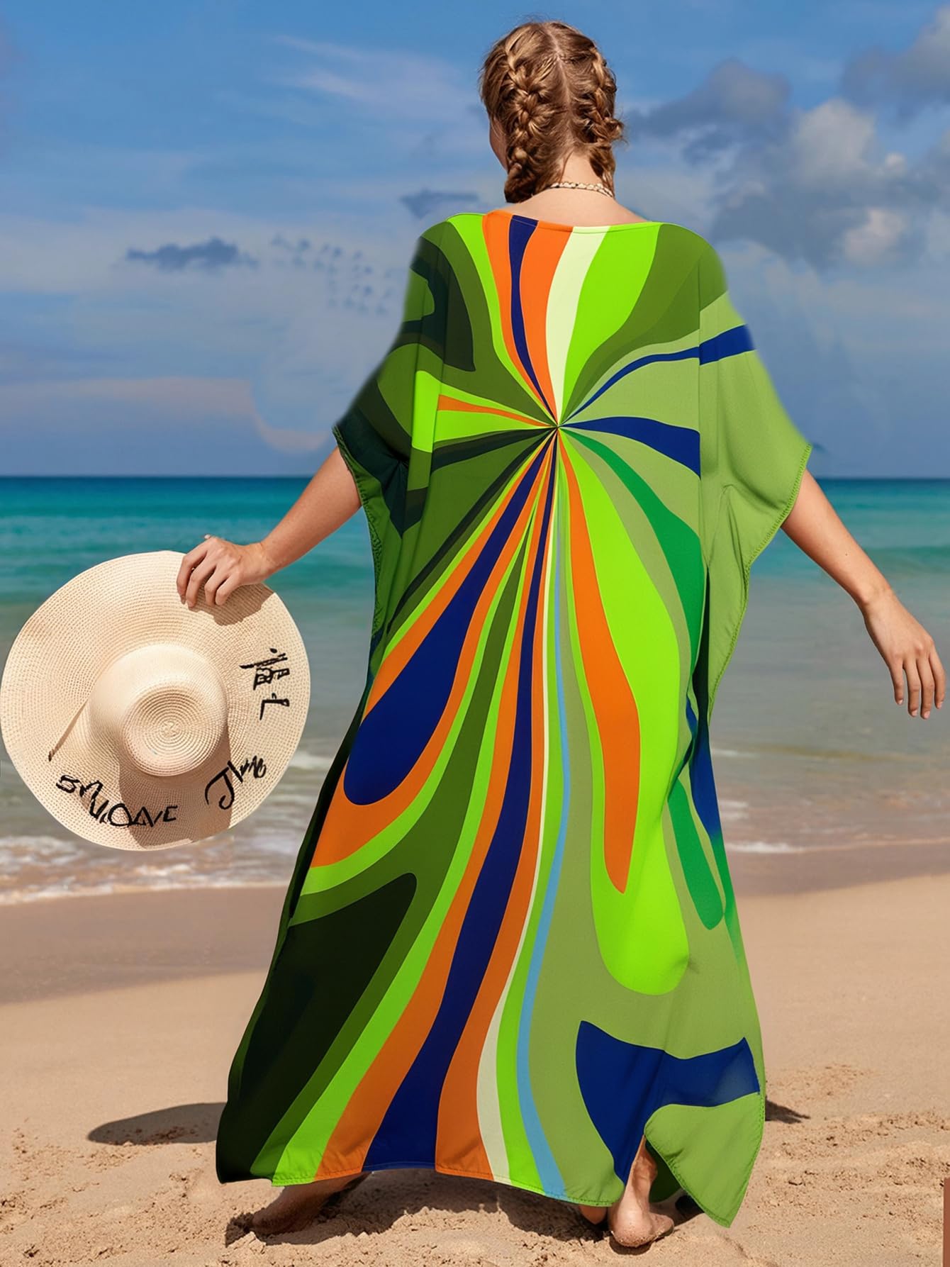 RanRui Floral Print Kaftan Dresses for Women Ethnic Boho Print Swim Cover up Batwing Sleeve Vneck Caftans