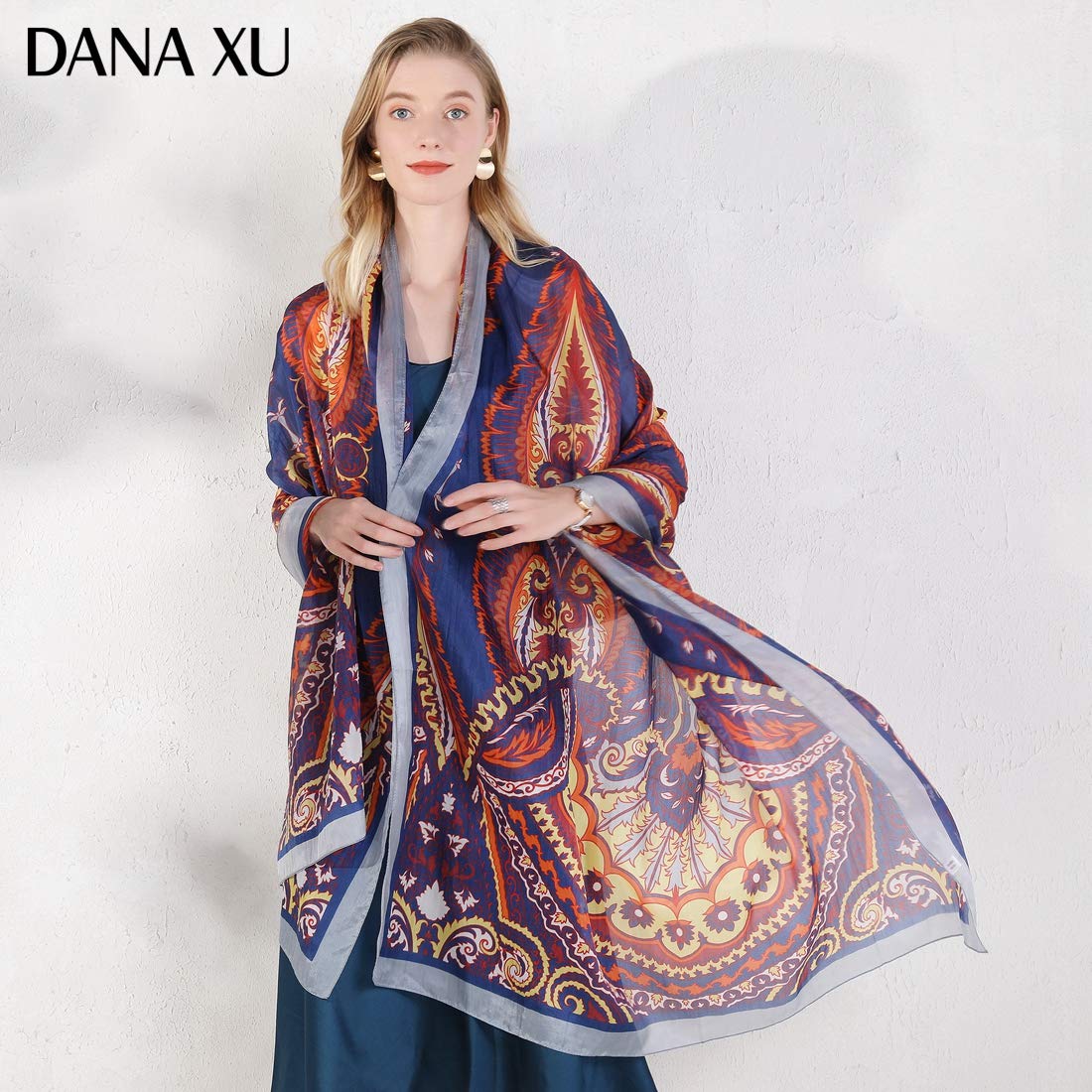 DANA XU 100% Mulberry Satin Silk Summer Travel Scarf Extra Large Women Floral Shawl Oversize Soft Wraps For Evening Dresses