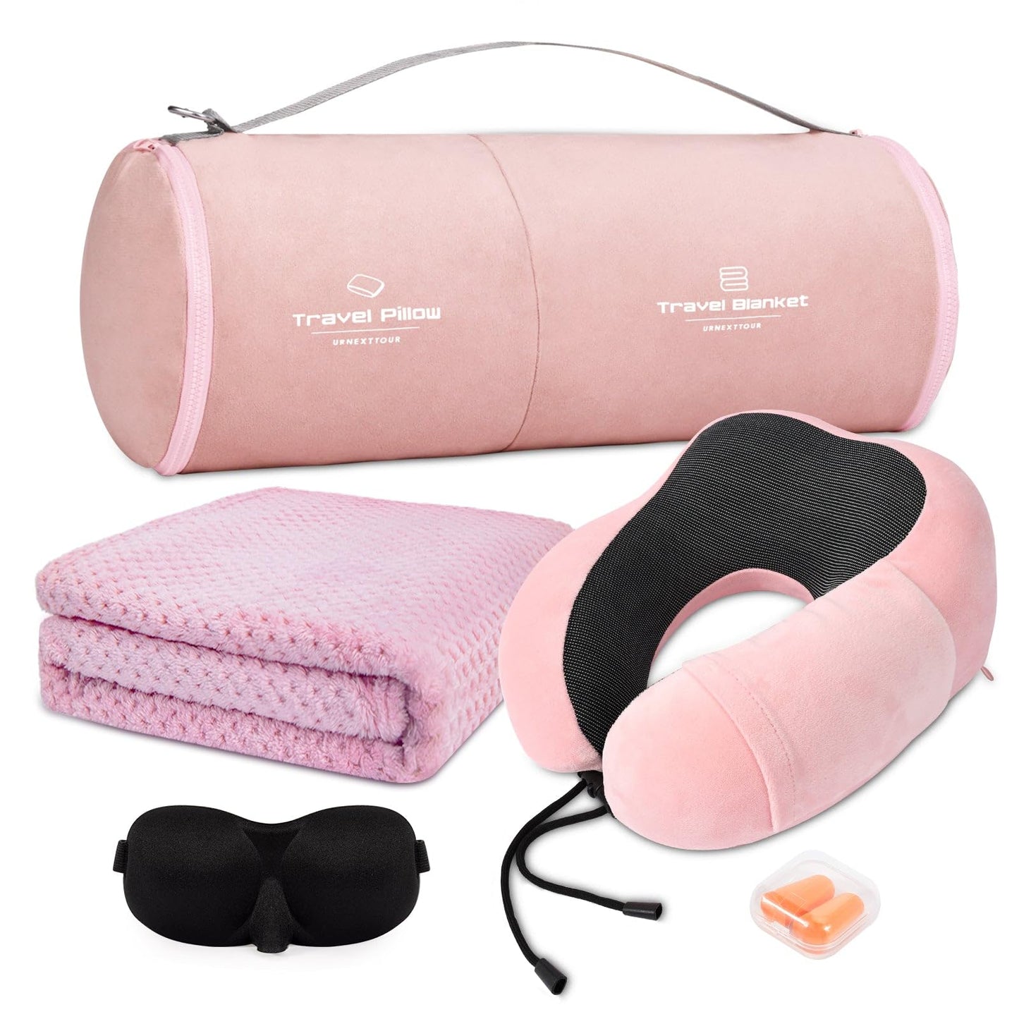 Travel Pillow and Blanket Set Neck Pillows Travel Essentials with Sleep Mask for Airplane Car Memory Foam Pink