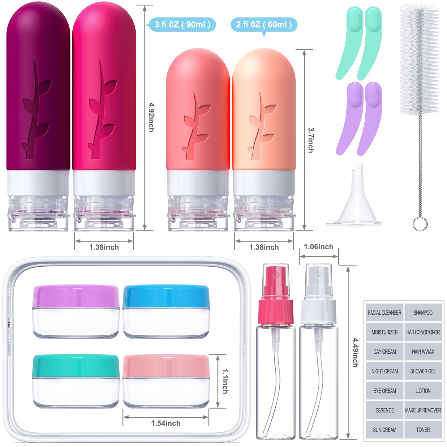 18pack Travel Bottles for Toiletries,TSA Approved Silicone Travel Containers jar for Toiletries,Leak Proof Refillable Liqus Shampoo And Conditioner Travel Essentials toiletry Bottles