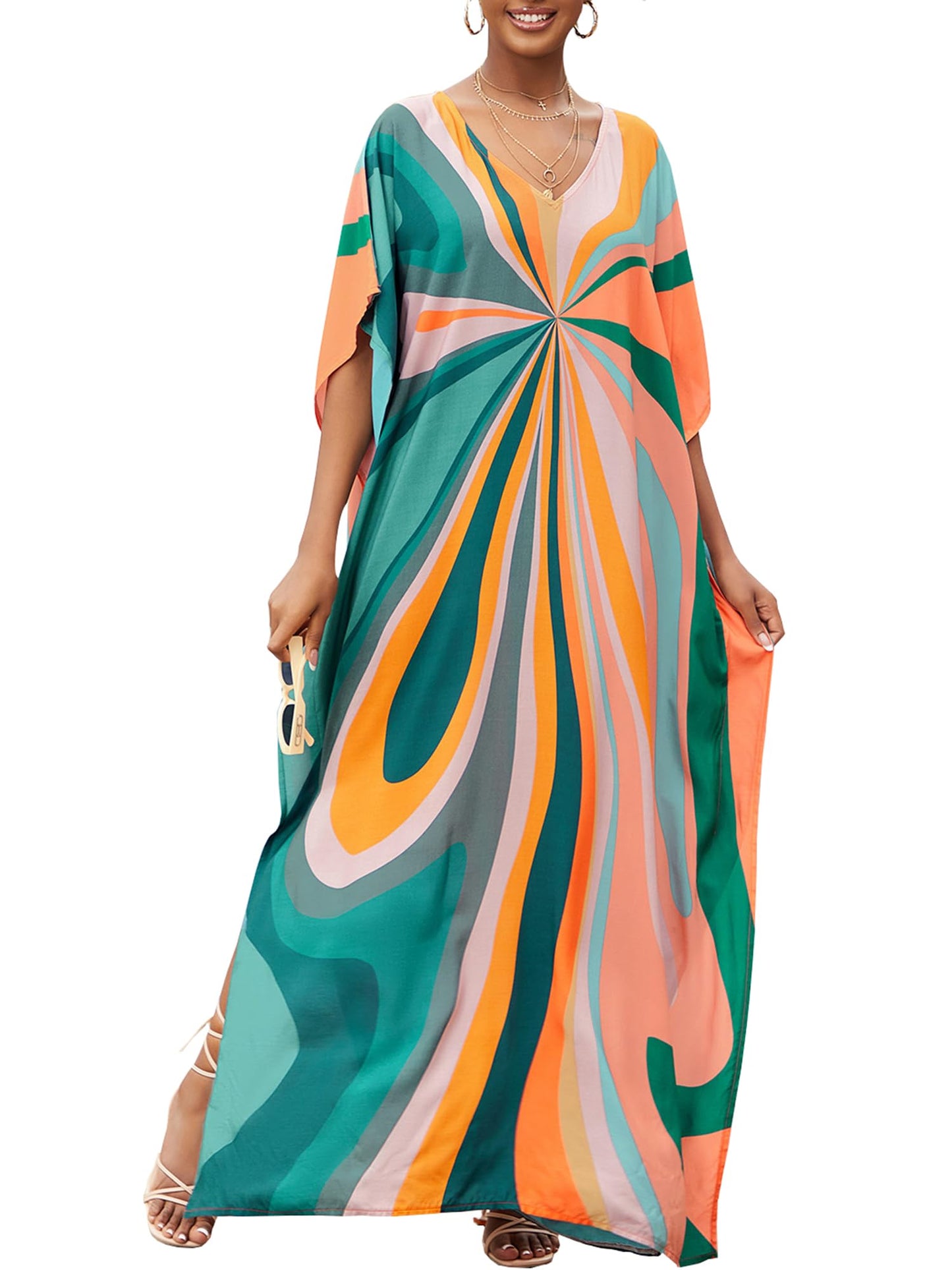 Chunoy Women V Neck Kaftan Casual Bathing Suit Kimono Sleeve Side Split Beach Cover Up Caftan Dress