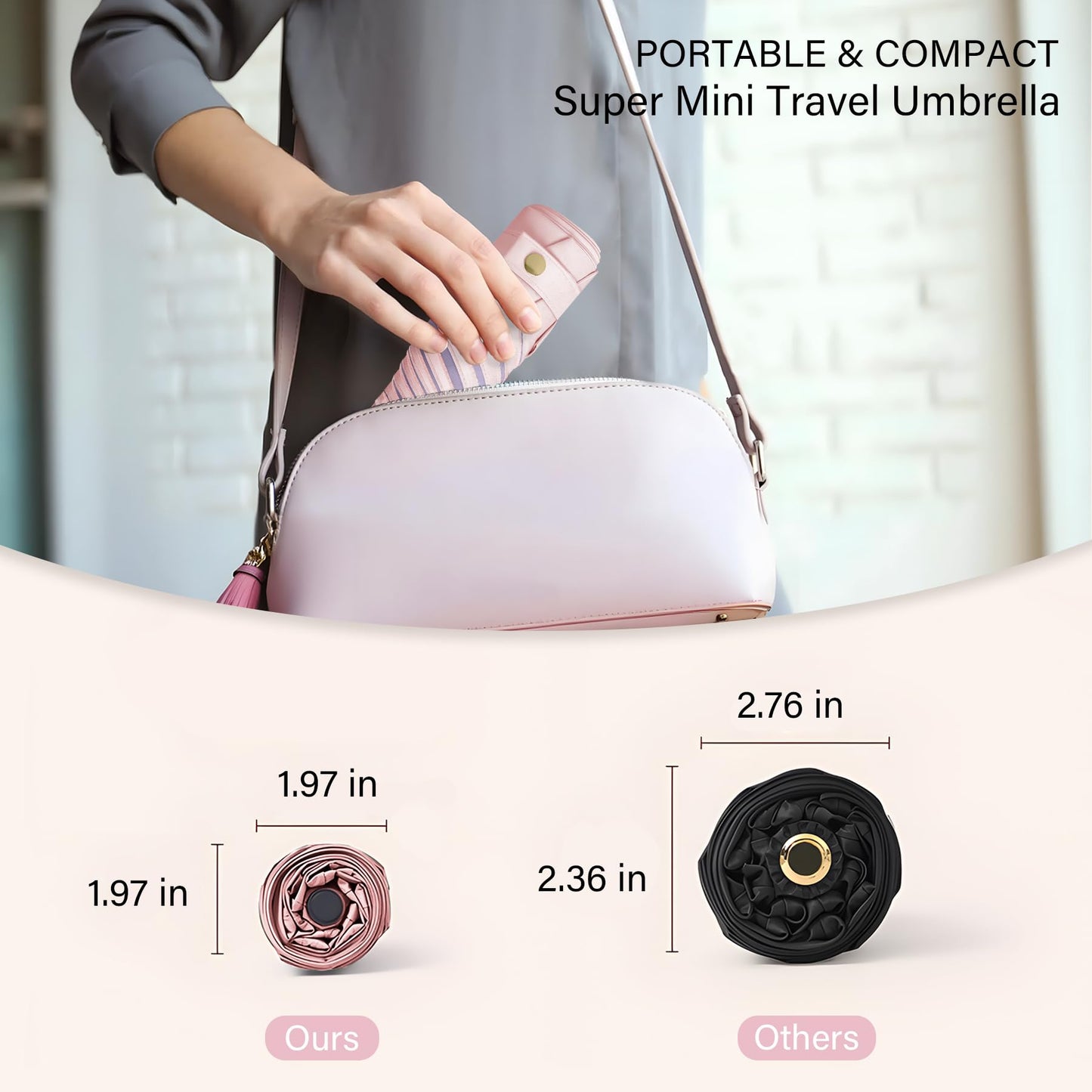 UV Blocker Mini Purse Travel Umbrella, Lightweight Portable Compact Pocket Umbrella with UPF50+ Protection & Windproof Design, Small Sun & Rain