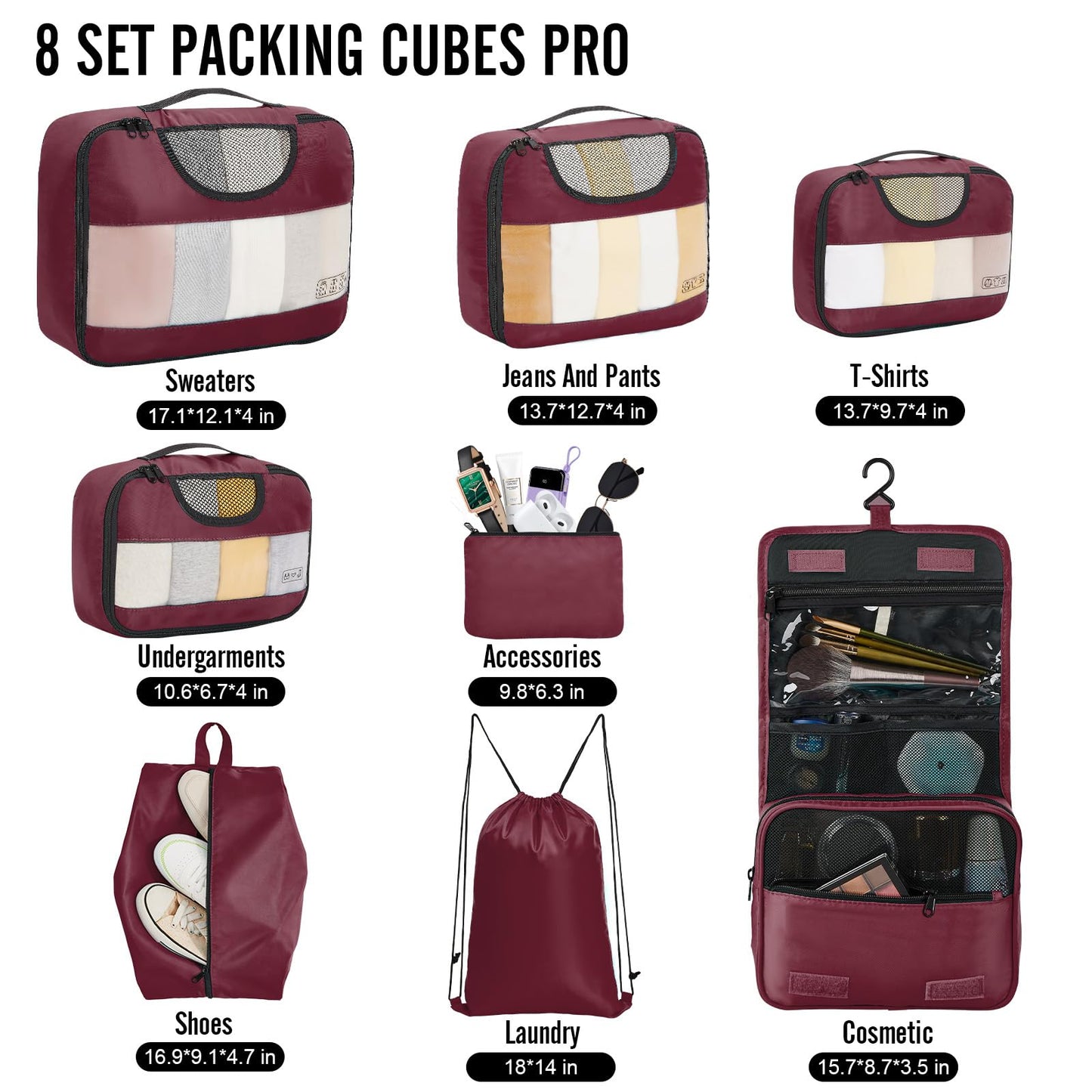 Veken 8 Set Packing Cubes for Travel Essentials, Suitcase Organizer Bags Set for Luggage, Road Trip Travel Accessories in 4 Sizes (Extra Large, Large, Medium, Small)