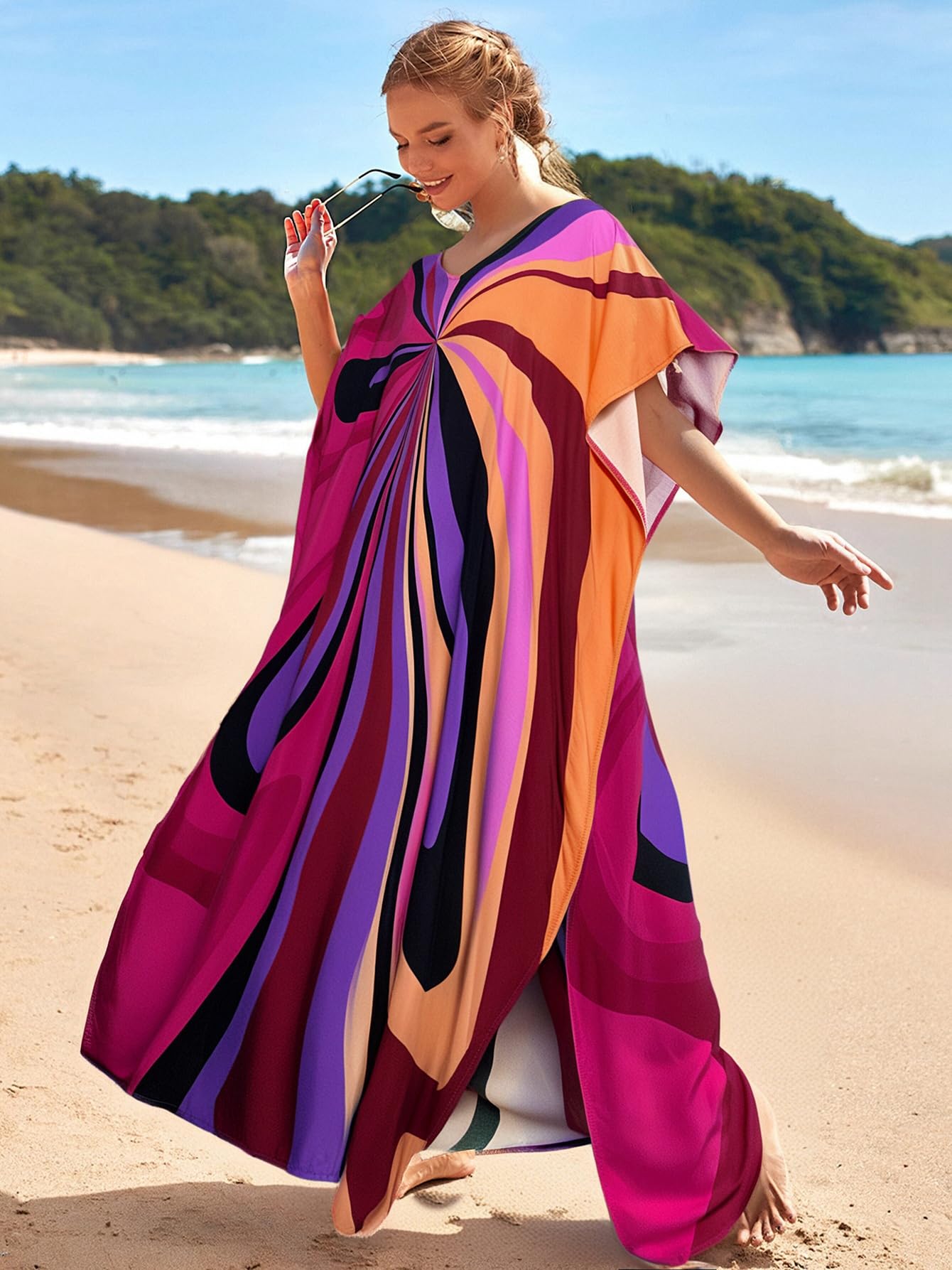 RanRui Floral Print Kaftan Dresses for Women Ethnic Boho Print Swim Cover up Batwing Sleeve Vneck Caftans