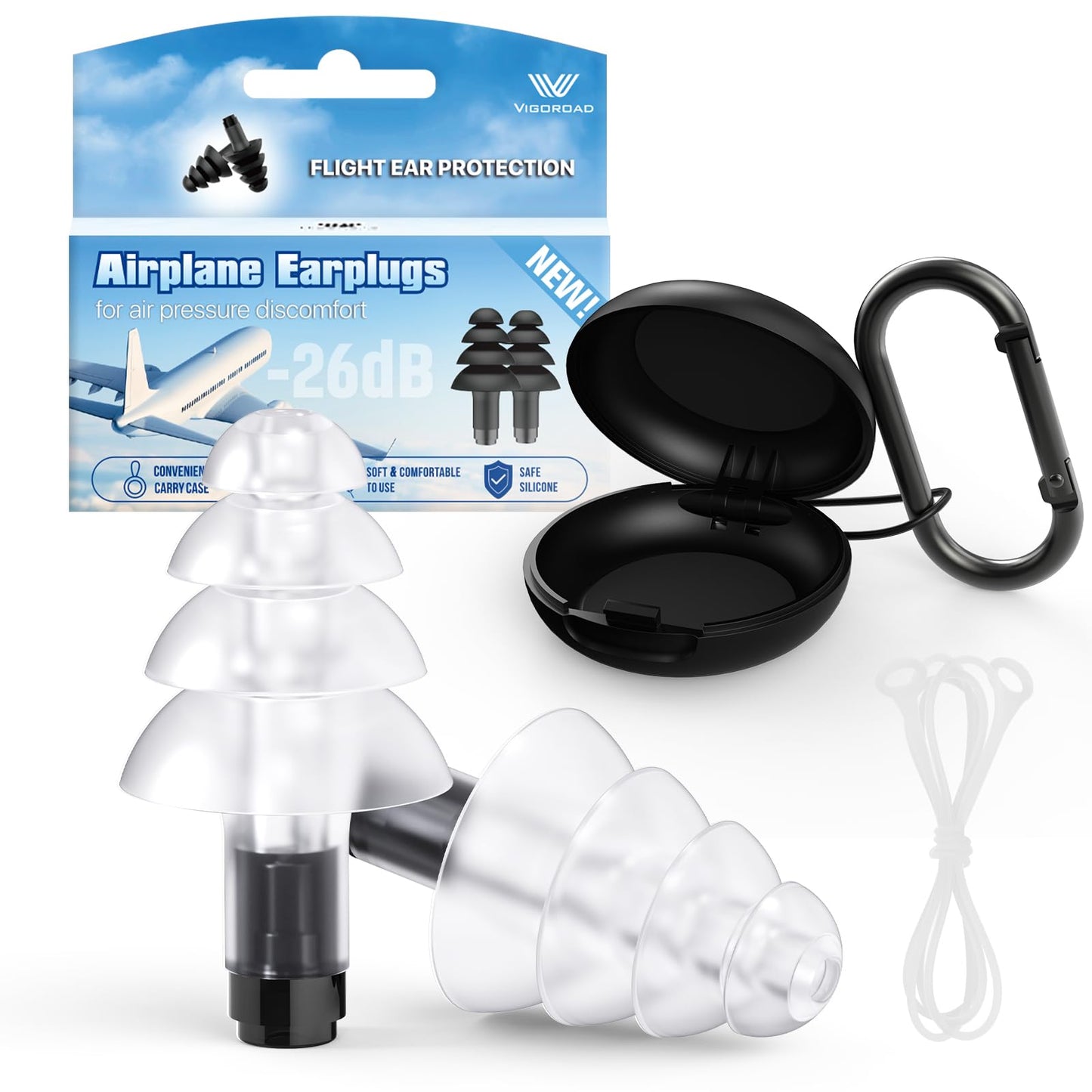 Ear Plugs for Airplane Pressure Relief, 2 Pairs Adults Soft Silicone Reusable Airplane Earplugs 26dB, with Silicone Connector Cord, Travel Essentials for Flying, Ear Protection Earplugs for Plane
