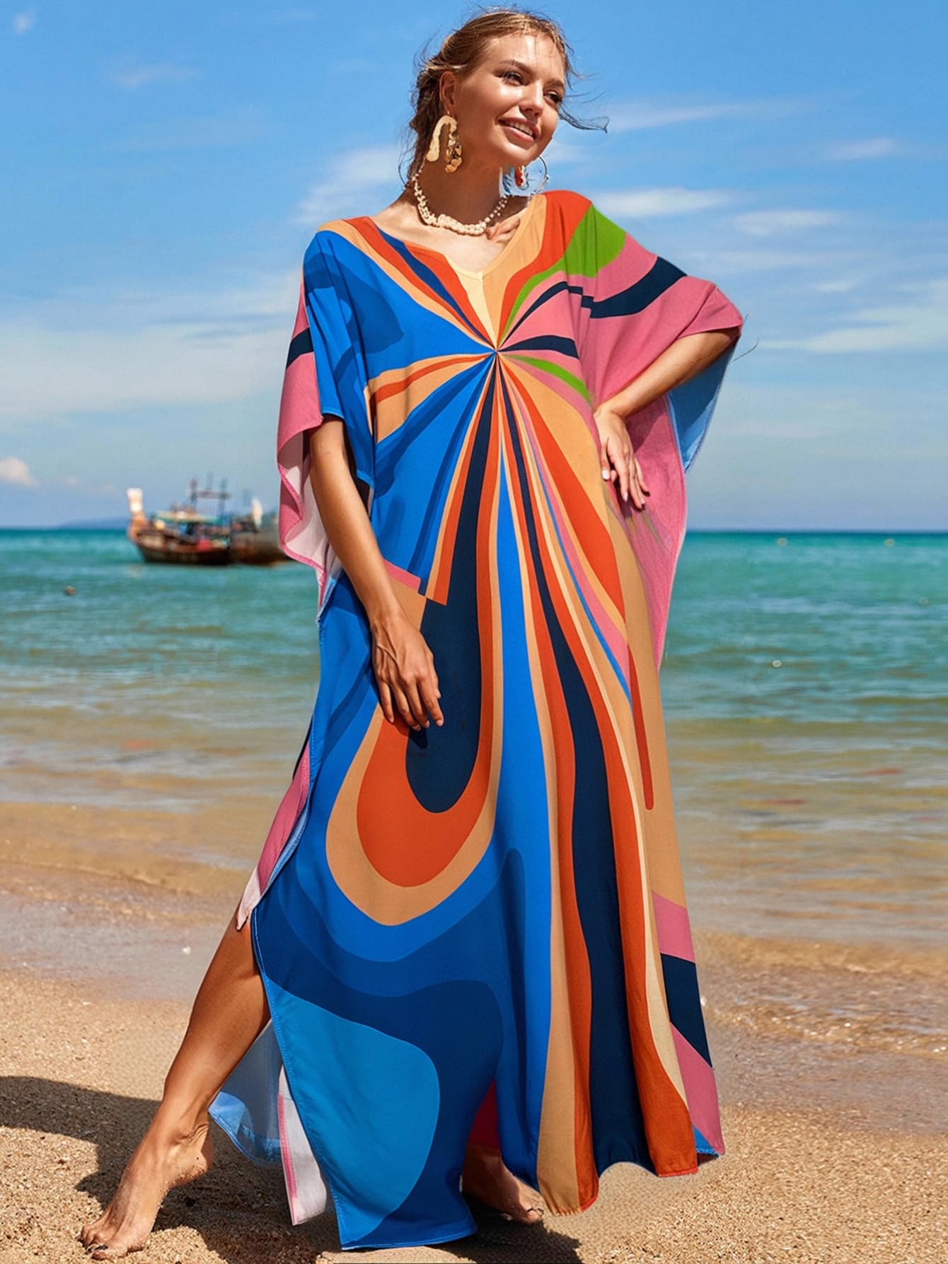 RanRui Floral Print Kaftan Dresses for Women Ethnic Boho Print Swim Cover up Batwing Sleeve Vneck Caftans