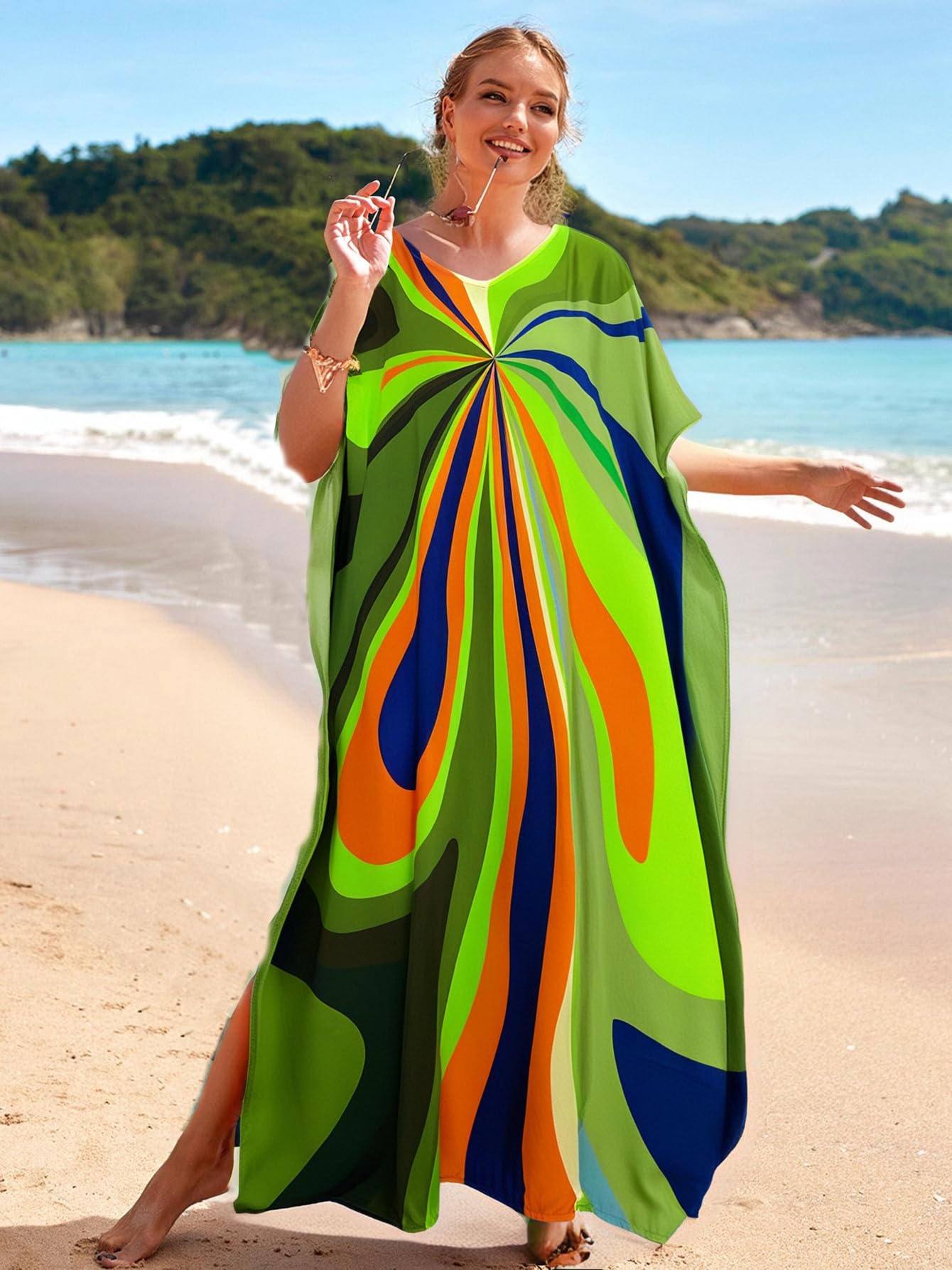 RanRui Floral Print Kaftan Dresses for Women Ethnic Boho Print Swim Cover up Batwing Sleeve Vneck Caftans