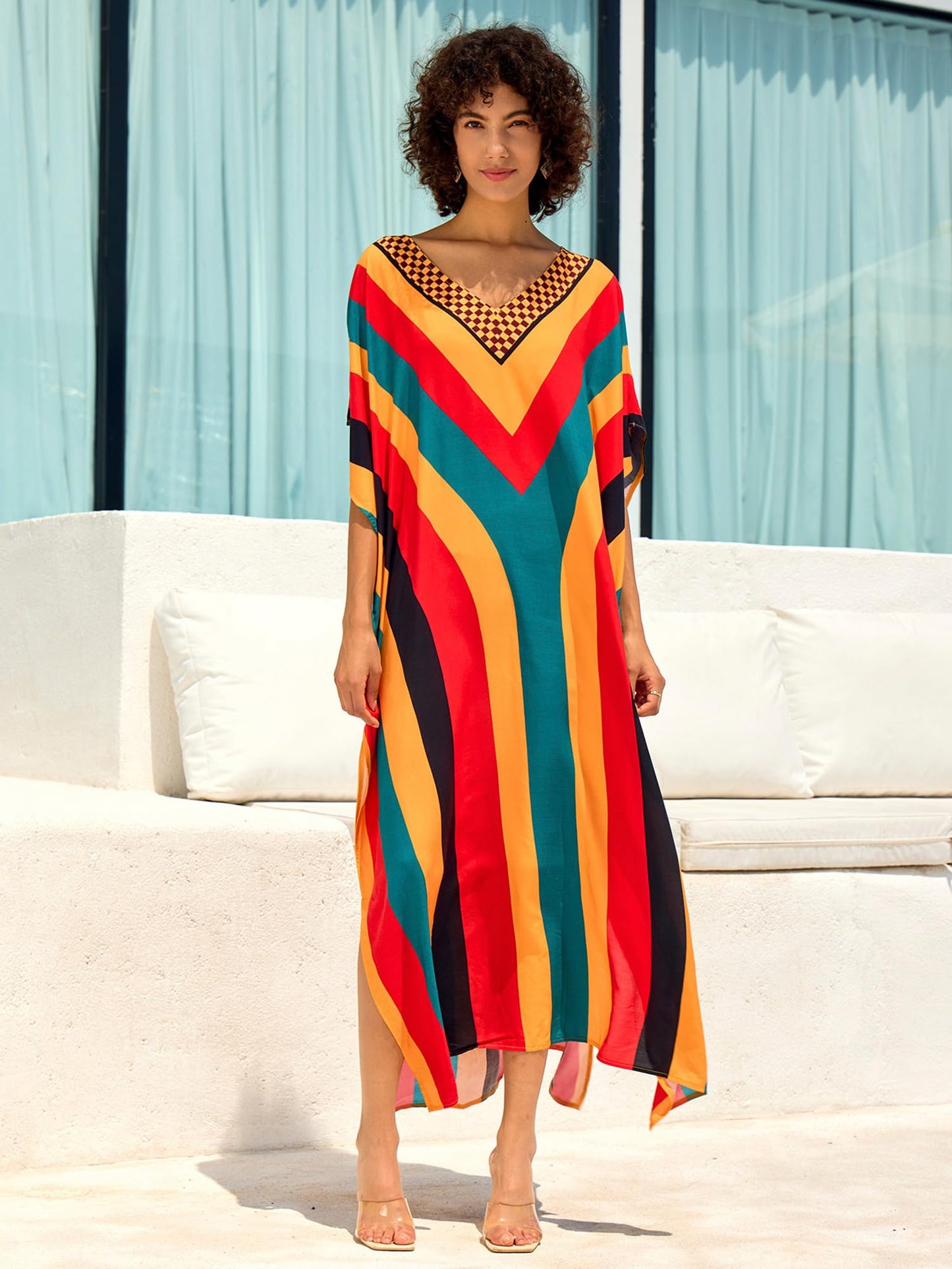 Chunoy Women V Neck Kaftan Casual Bathing Suit Kimono Sleeve Side Split Beach Cover Up Caftan Dress