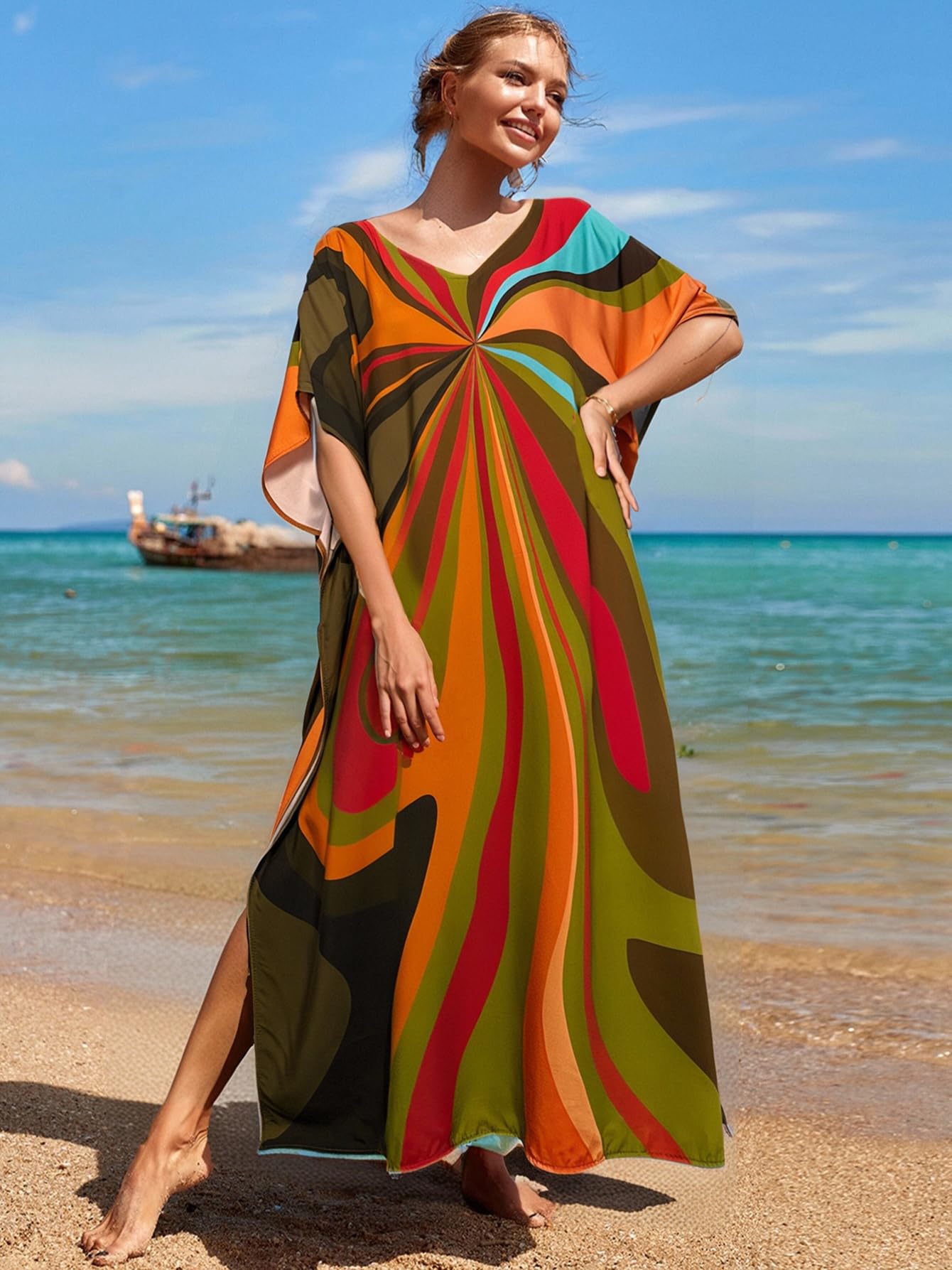 RanRui Floral Print Kaftan Dresses for Women Ethnic Boho Print Swim Cover up Batwing Sleeve Vneck Caftans