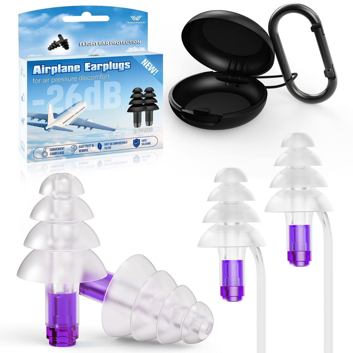 Ear Plugs for Airplane Pressure Relief, 2 Pairs Adults Soft Silicone Reusable Airplane Earplugs 26dB, with Silicone Connector Cord, Travel Essentials for Flying, Ear Protection Earplugs for Plane