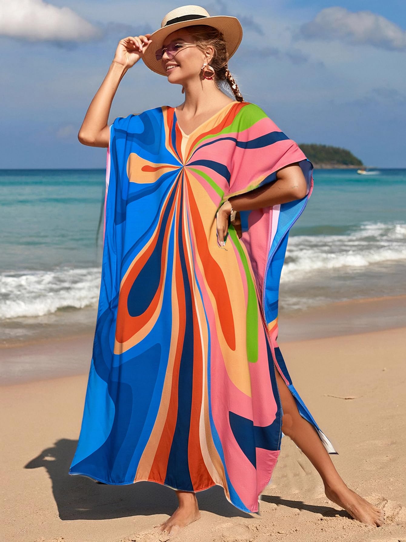 RanRui Floral Print Kaftan Dresses for Women Ethnic Boho Print Swim Cover up Batwing Sleeve Vneck Caftans