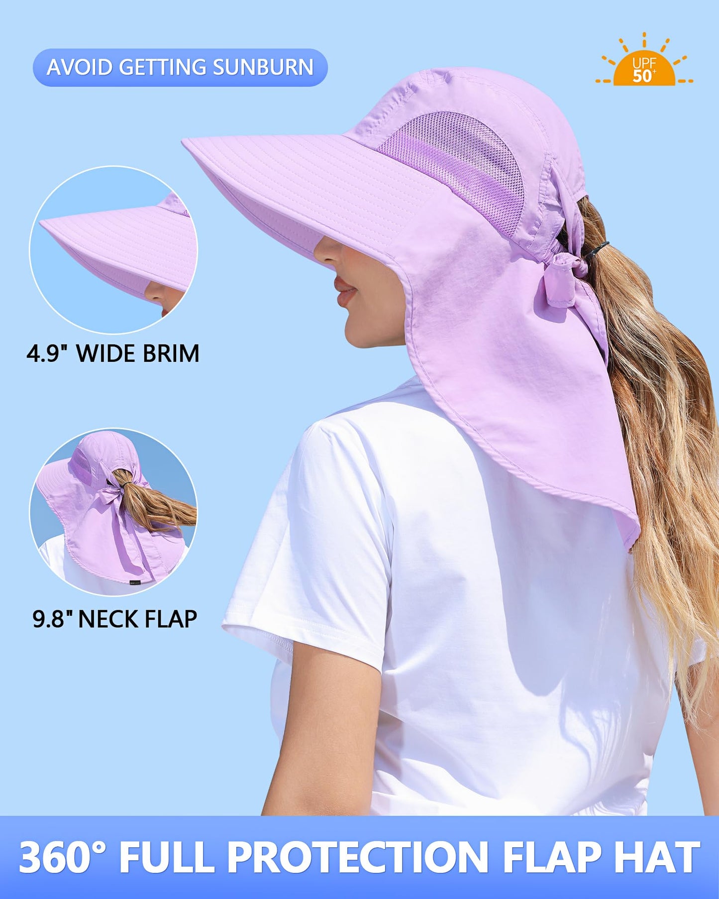 Womens Sun Hat Outdoor UV Protection Wide Brim Fishing Hat with Ponytail Hole Neck Flap for Beach Hiking Camping