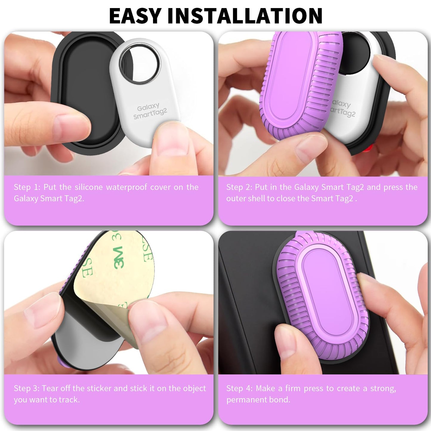 2 Pack Adhesive Case for Samsung Galaxy SmartTag2 with 3M Adhesive Sticker Hidden Full Protective Silicone Case Anti-Lost Scratch Resistant Protective Cover for Smart tag 2 Tracker (Black+Black)