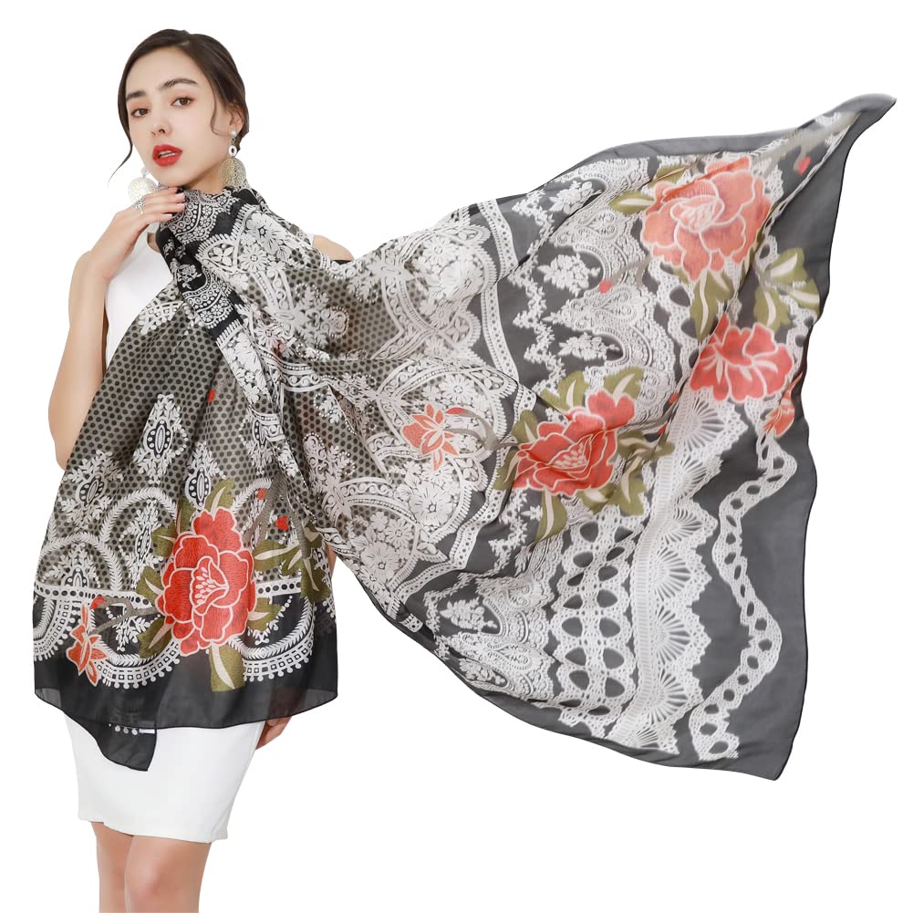 DANA XU 100% Mulberry Satin Silk Summer Travel Scarf Extra Large Women Floral Shawl Oversize Soft Wraps For Evening Dresses