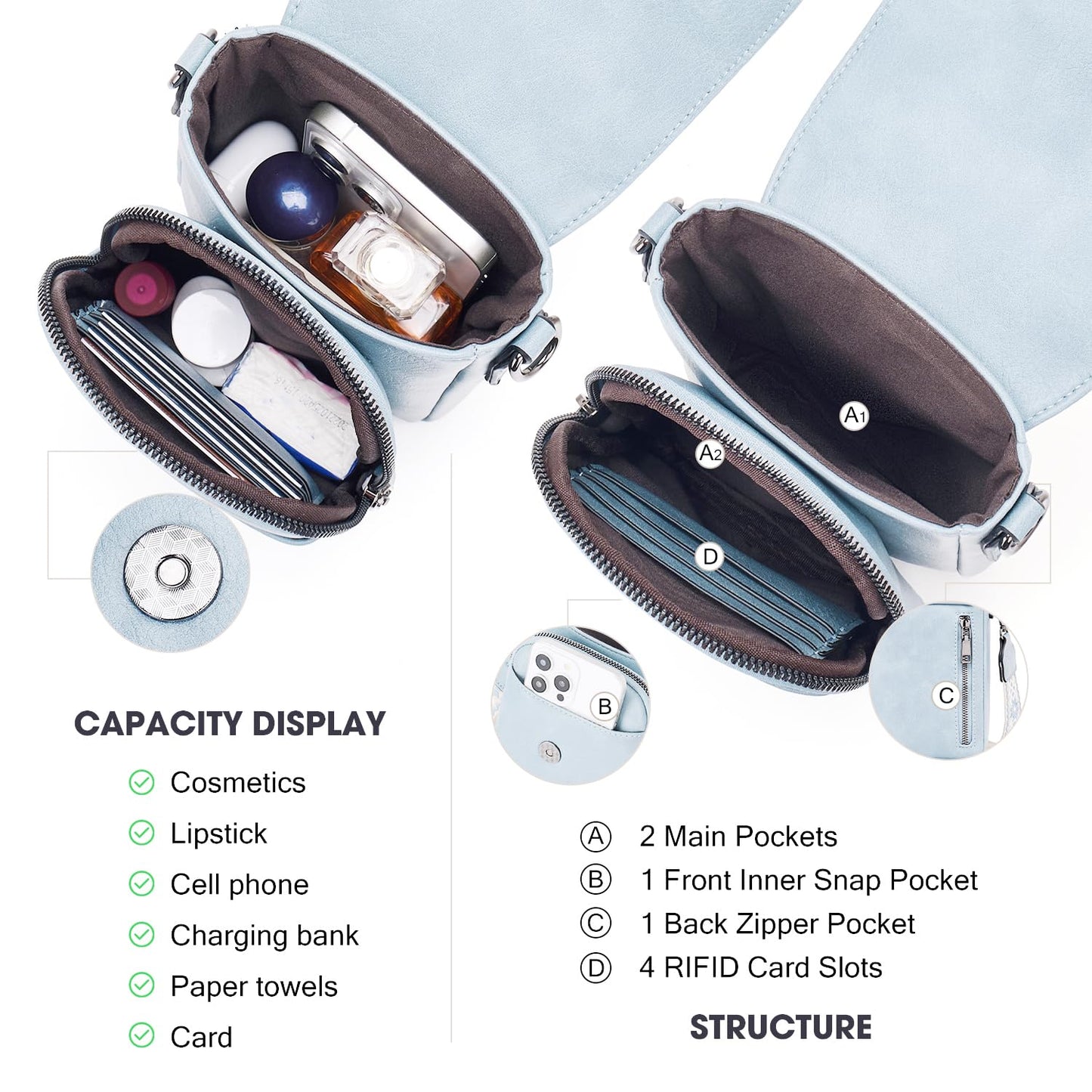 POIUGOYA Small Crossbody Bags for Women Trendy,Leather Triple Compartment Cell Phone Crossbody Wallet Purses with Card Slots