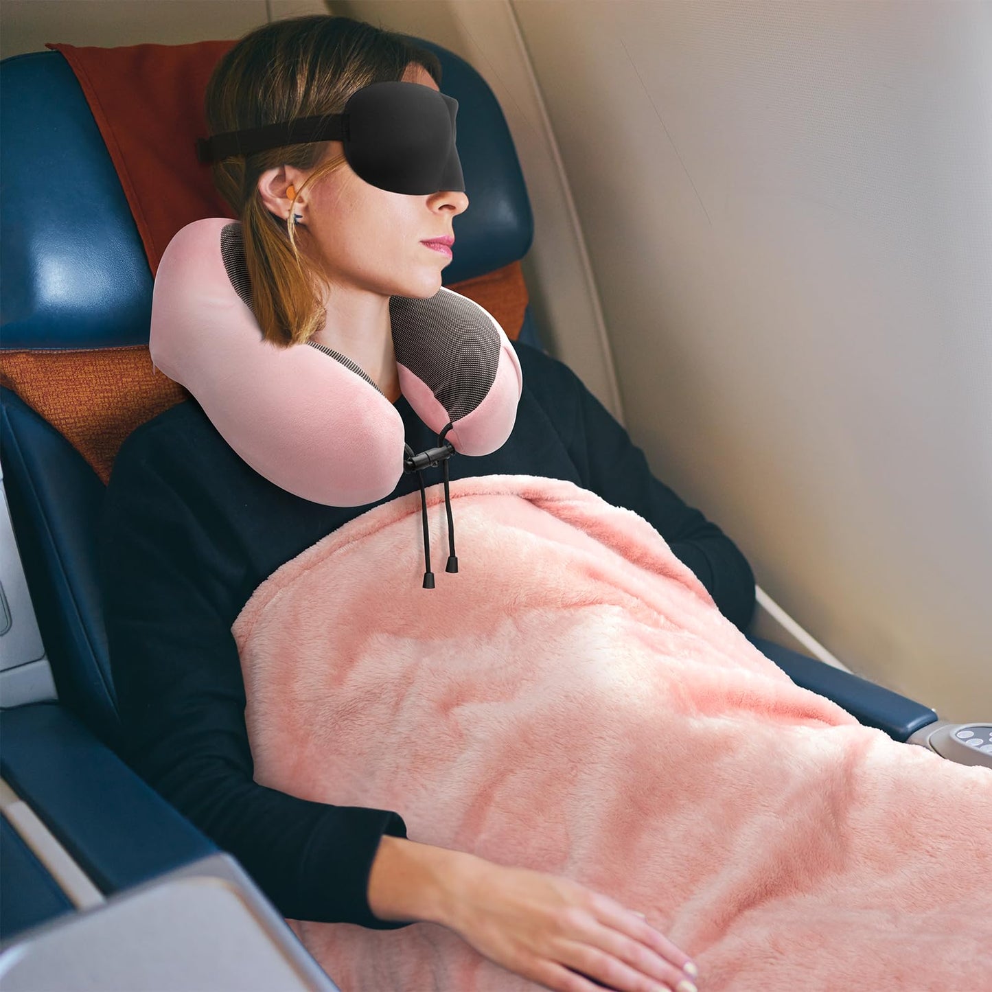 Travel Pillow and Blanket Set Neck Pillows Travel Essentials with Sleep Mask for Airplane Car Memory Foam Pink