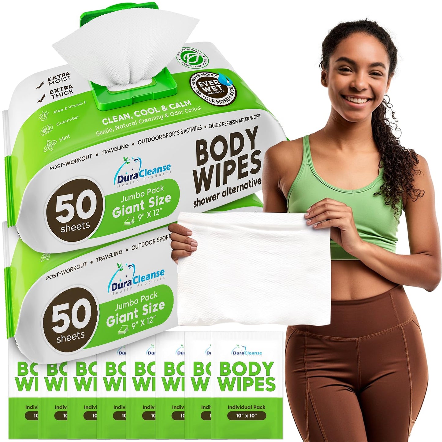 Body Wipes for Adults Bathing No Rinse - 20 Count Travel Shower Wipes - 9" x 12" Individually Wrapped Thick Cleansing Waterless Wash Scrubs - Disposable Washcloths for Camping & Elderly Incontinence