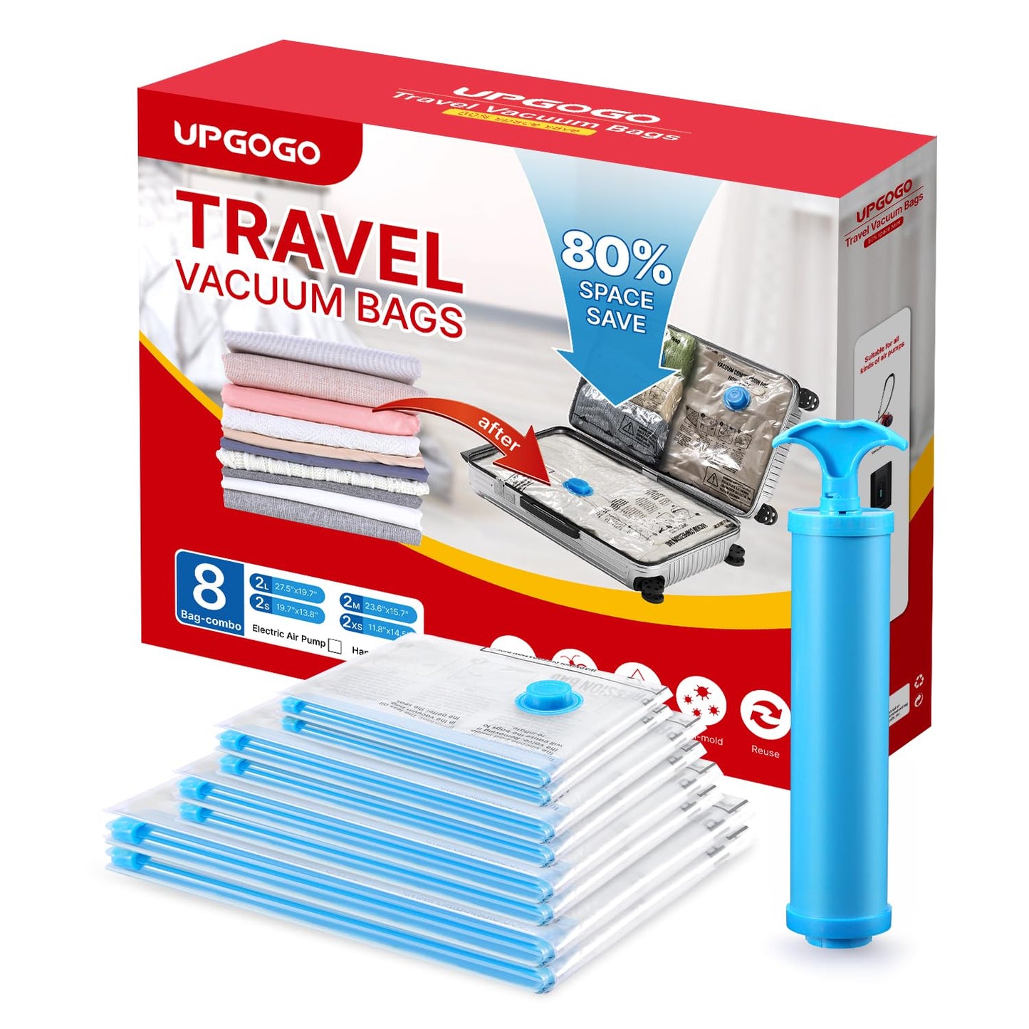 Travel Vacuum Bags Combo 6 Pack - Space Saver Vacuum Storage Bags for Clothing and Luggage