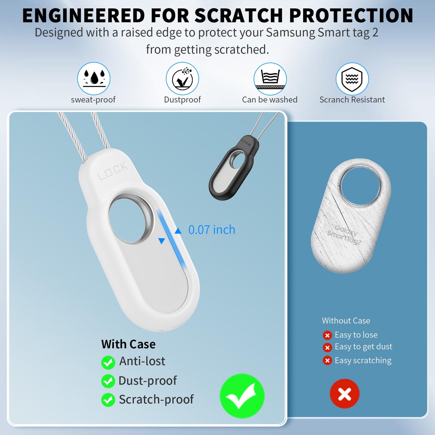 2 Pack Compatible with Samsung Galaxy Smart Tag 2 Case TUDIOW Secure Holder with Wire Cable Lock for Smart Tag 2 Anti-Lost Protective Cover for Samsung Galaxy SmartTag 2 (Black+White)