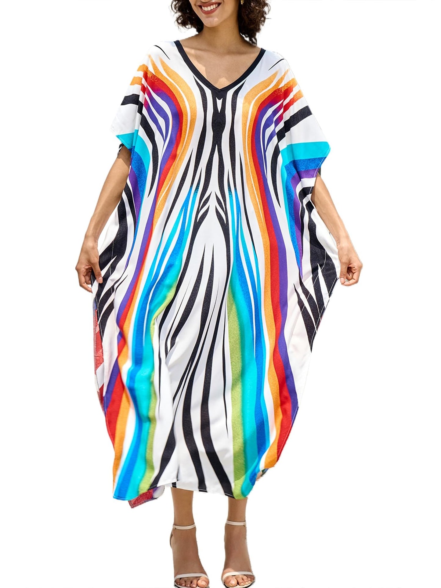 Chunoy Women V Neck Kaftan Casual Bathing Suit Kimono Sleeve Side Split Beach Cover Up Caftan Dress