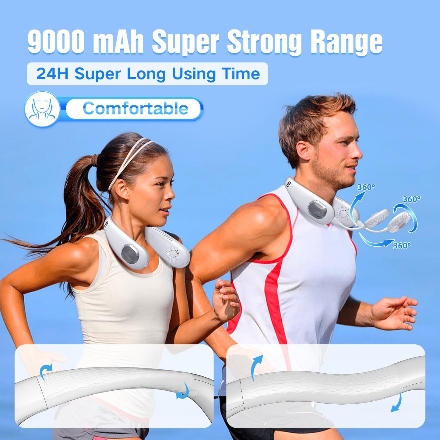 Portable Neck Fan, 9000mAh Hand Free Neck Fan, Neck Fan Air Conditioner, Bladeless Cooling Personal Neck Fan with 4 Air Outlet 3 speed for Travel, Camping, Yard Work, White