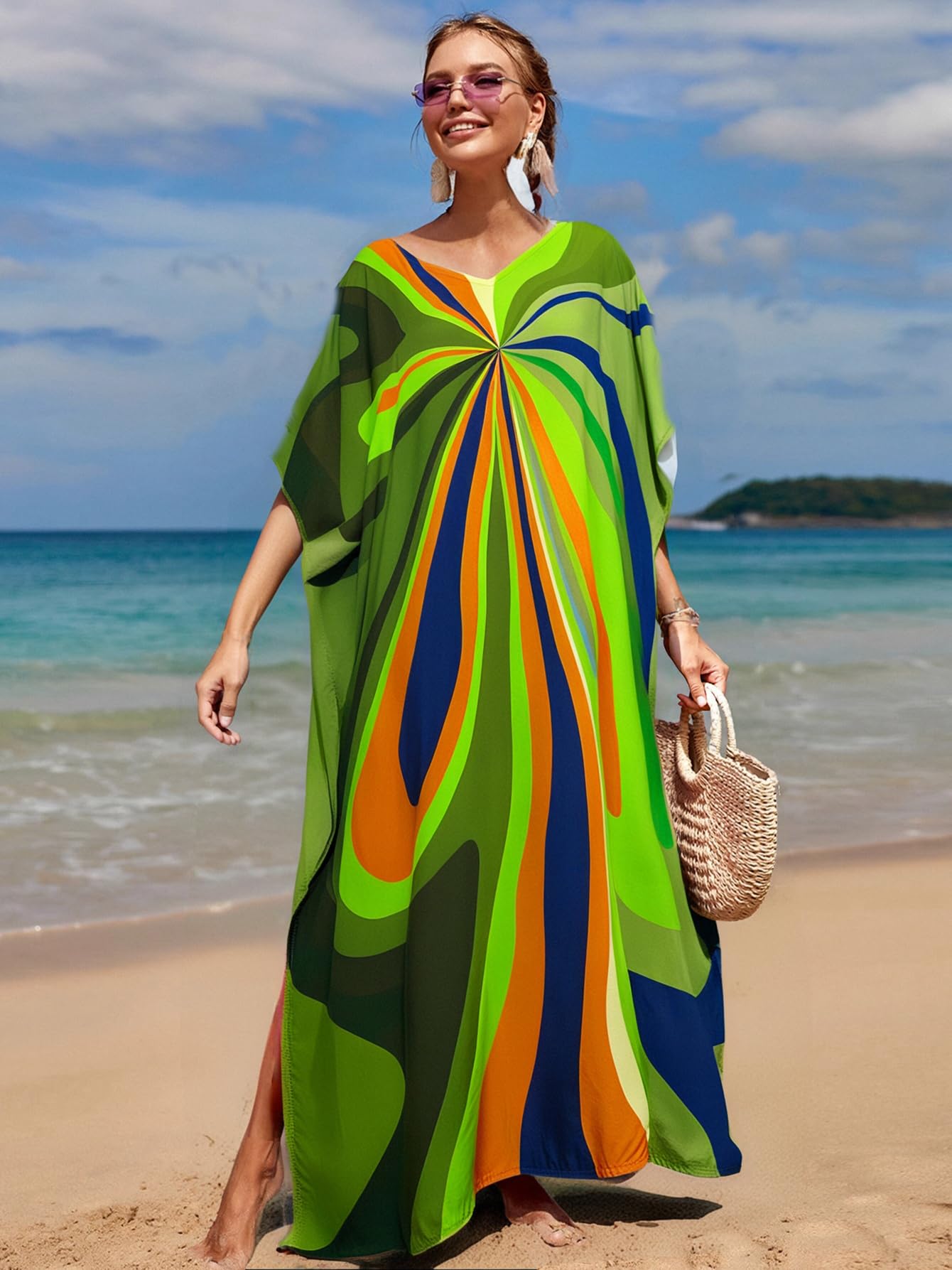 RanRui Floral Print Kaftan Dresses for Women Ethnic Boho Print Swim Cover up Batwing Sleeve Vneck Caftans