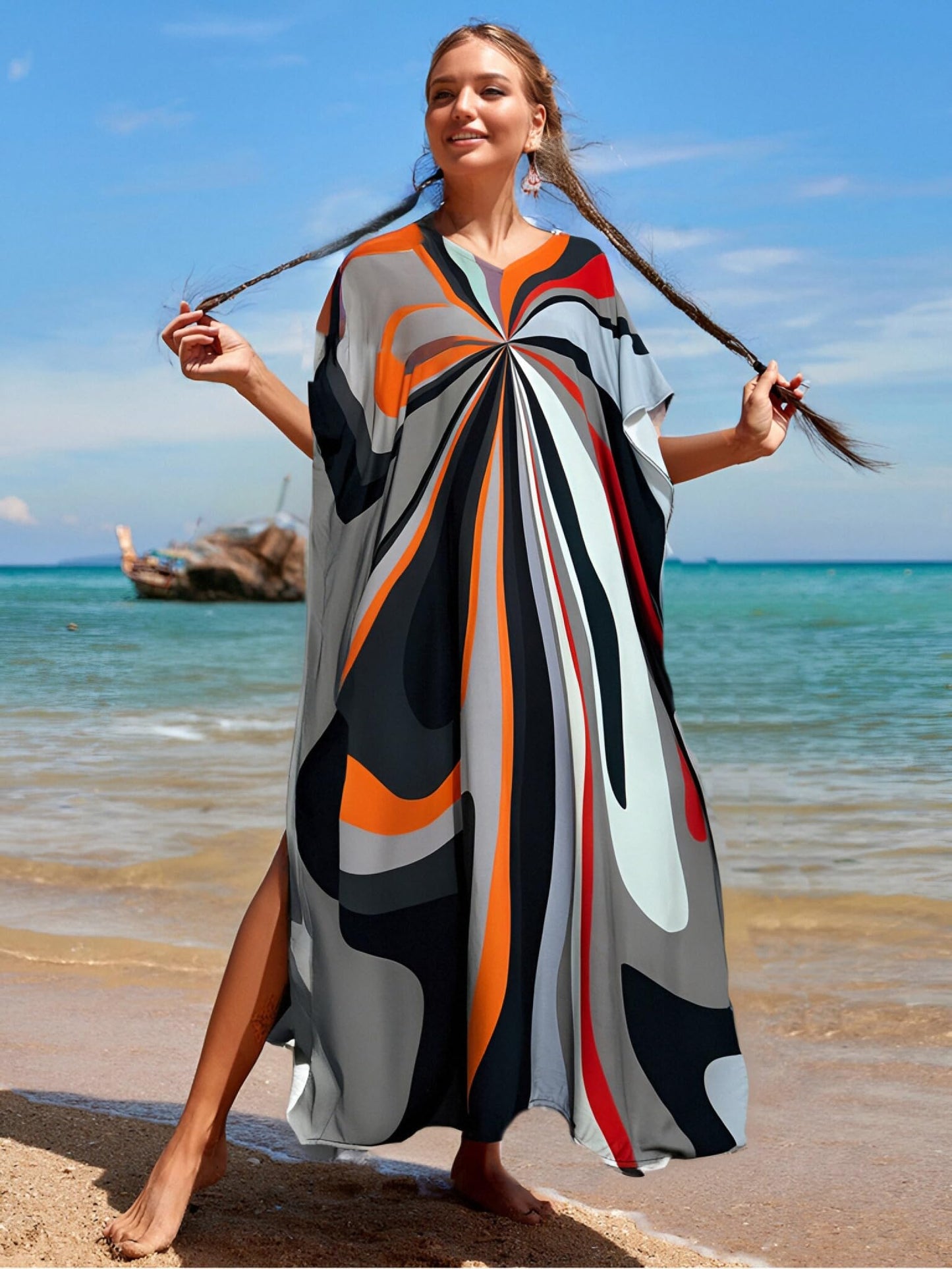 RanRui Floral Print Kaftan Dresses for Women Ethnic Boho Print Swim Cover up Batwing Sleeve Vneck Caftans
