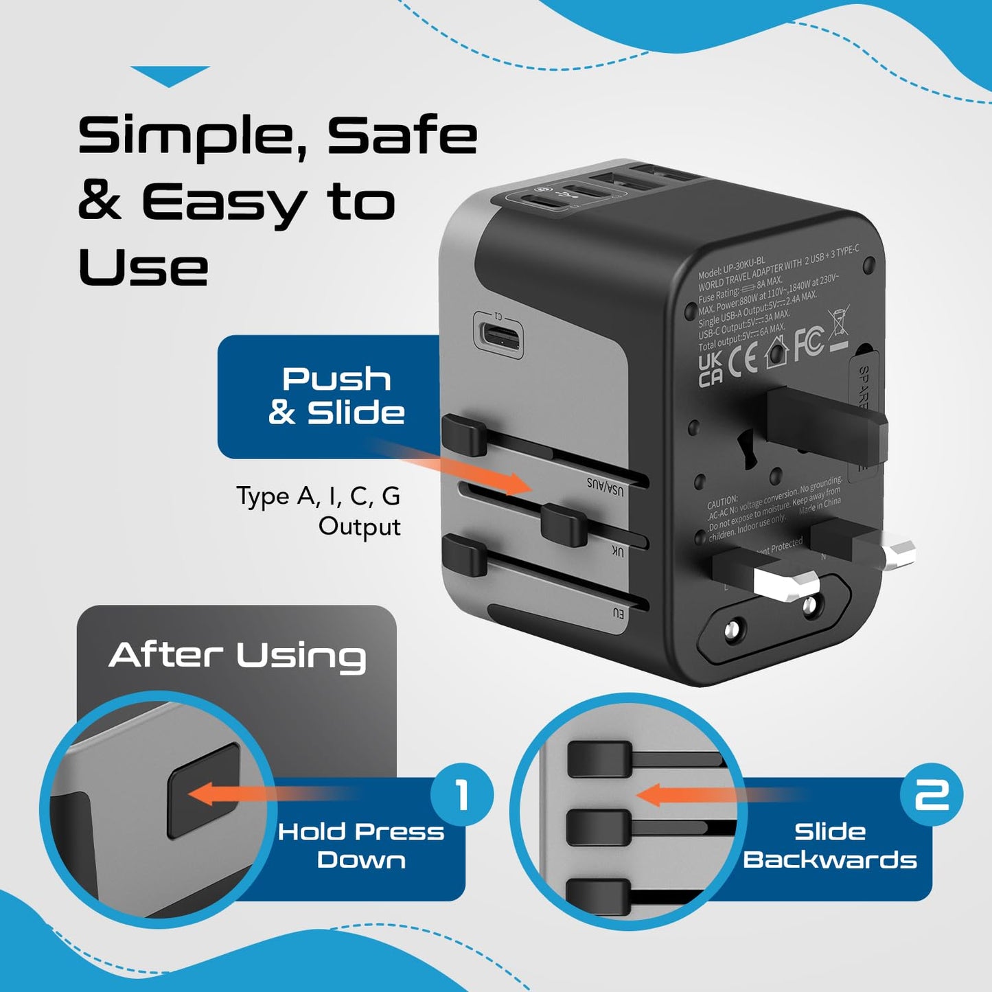Ceptics Universal Travel Adapter Kit - 2 USB, USB-C Cord+2 US Outlets QC 3.0, Surge Protection, Plugs for Europe, UK, China, Australia, Japan - Perfect for Laptop, Cell Phones, Cameras,Safe ETL Tested