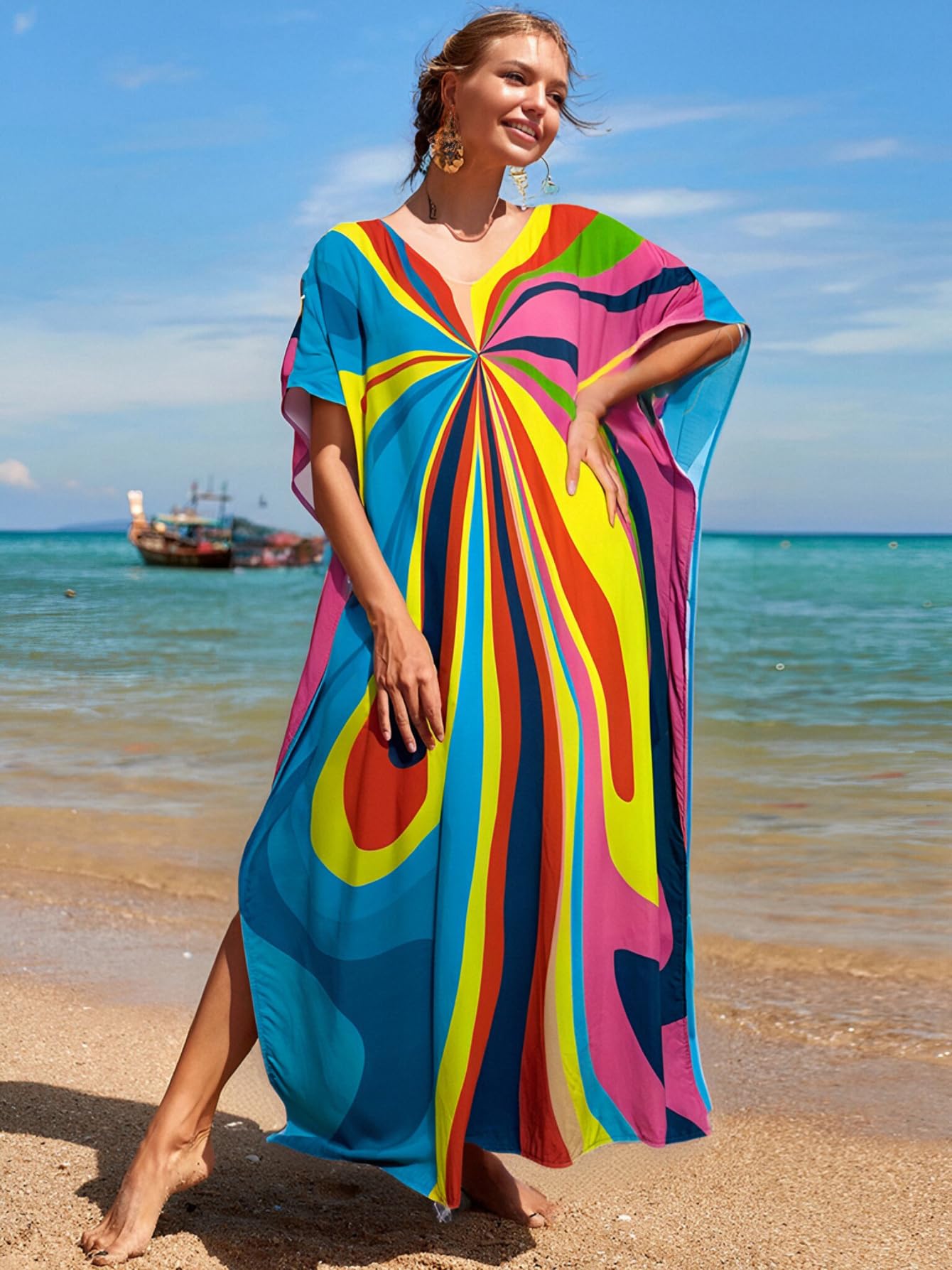 RanRui Floral Print Kaftan Dresses for Women Ethnic Boho Print Swim Cover up Batwing Sleeve Vneck Caftans