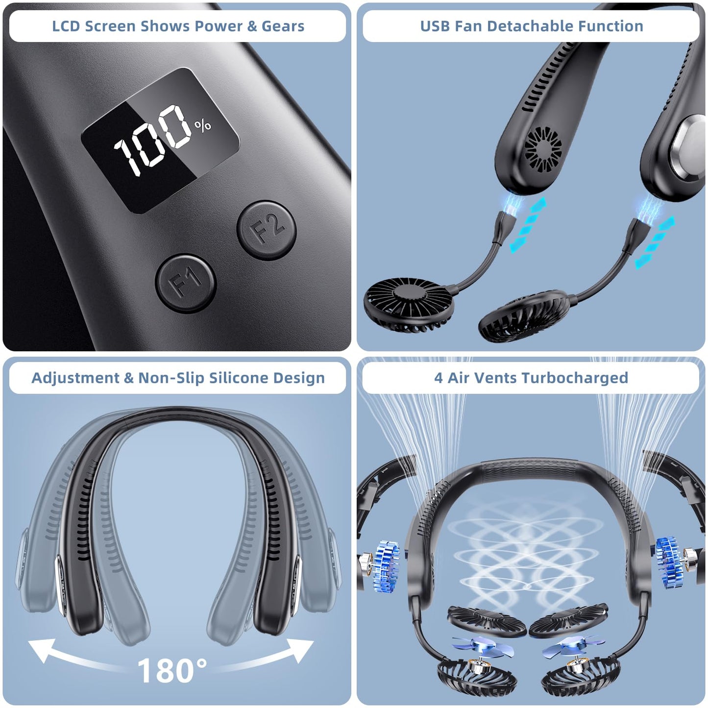 Portable Neck Fan, 9000mAh Hand Free Neck Fan, Neck Fan Air Conditioner, Bladeless Cooling Personal Neck Fan with 4 Air Outlet 3 speed for Travel, Camping, Yard Work, White