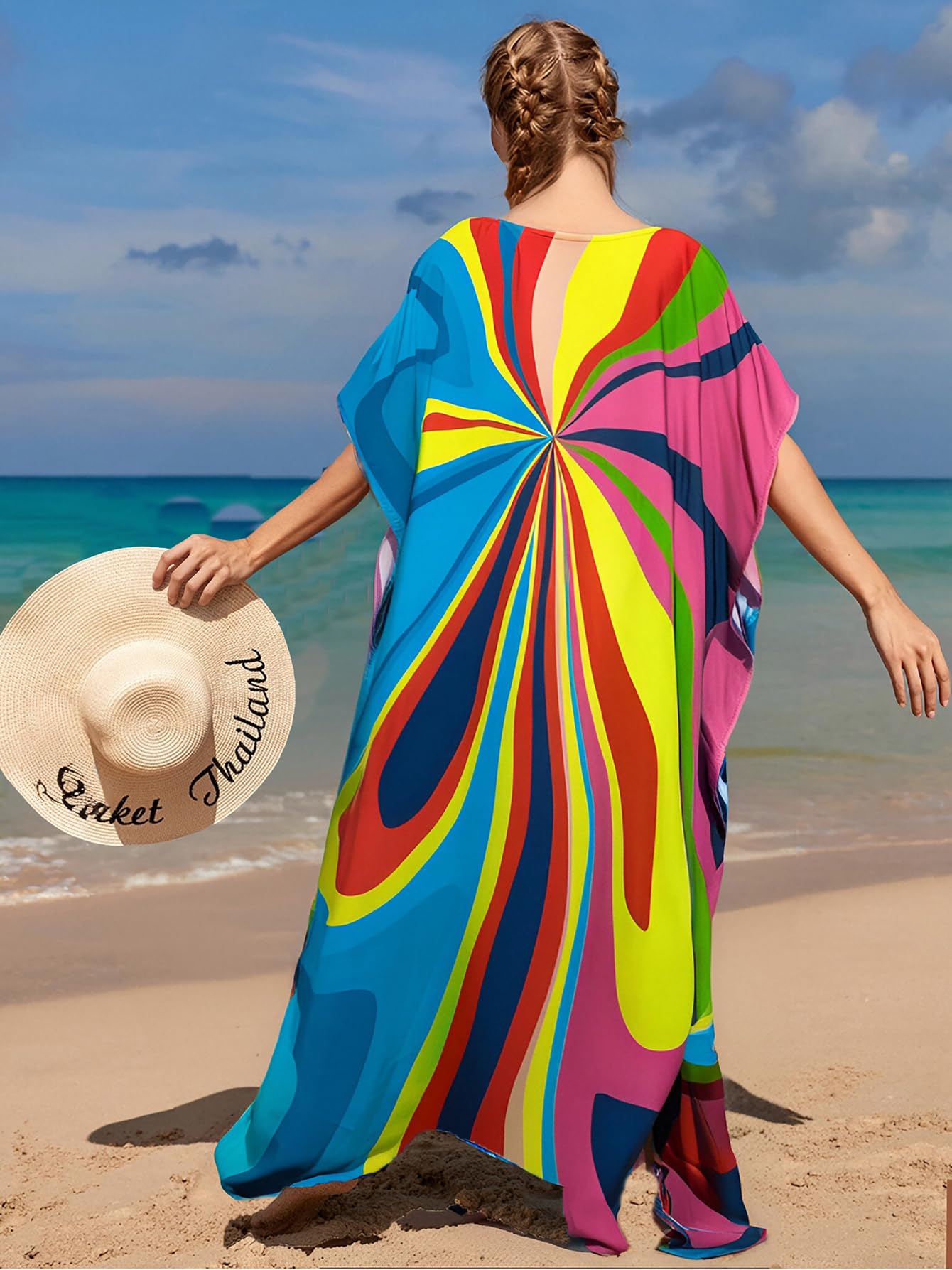 RanRui Floral Print Kaftan Dresses for Women Ethnic Boho Print Swim Cover up Batwing Sleeve Vneck Caftans