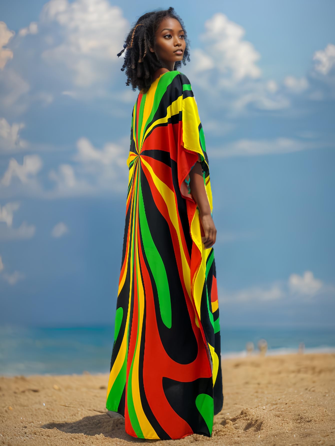 RanRui Floral Print Kaftan Dresses for Women Ethnic Boho Print Swim Cover up Batwing Sleeve Vneck Caftans