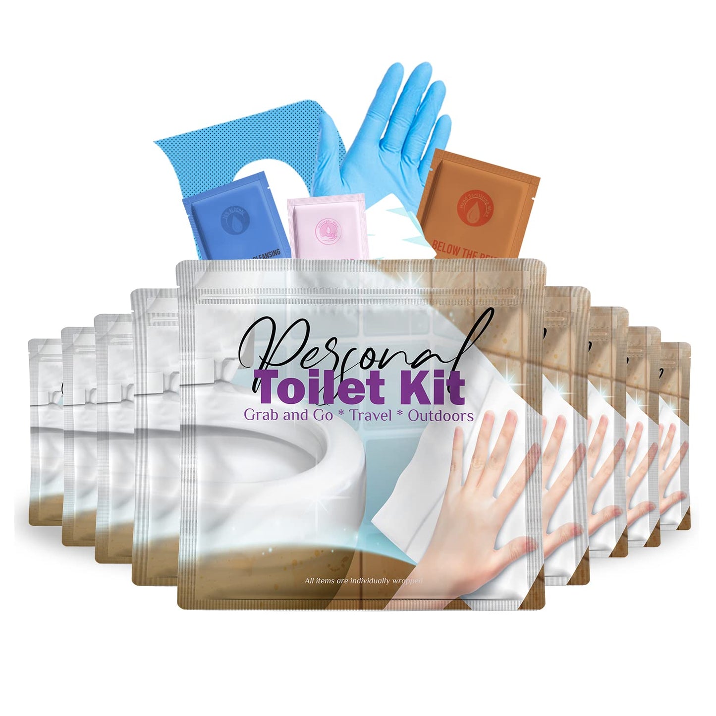 Personal Toilet Kit To Go – 10 Pack | Disposable Public Restroom Kit | Individually Wrapped for Toilet Protection Kit | Toilet Paper, Toilet Seat Cover, Butt Wipes, Cleansing Wipes (White)