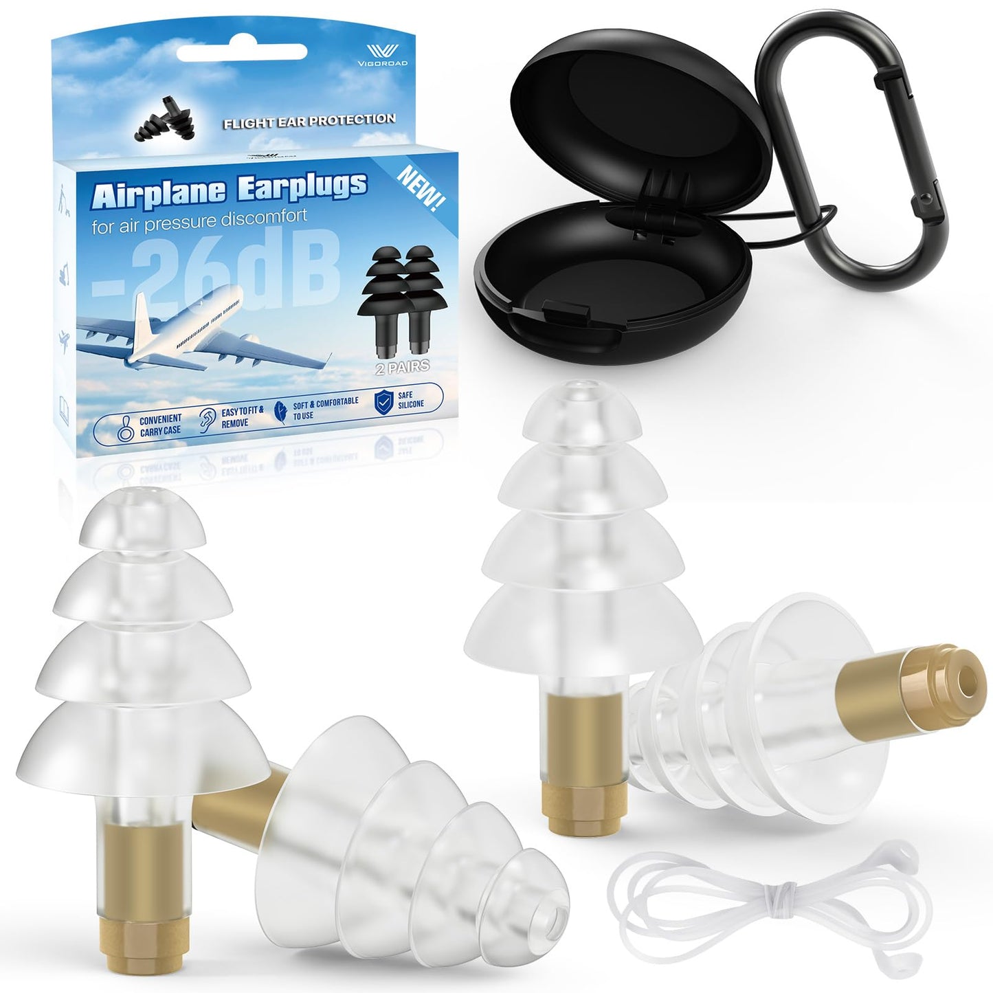 Ear Plugs for Airplane Pressure Relief, 2 Pairs Adults Soft Silicone Reusable Airplane Earplugs 26dB, with Silicone Connector Cord, Travel Essentials for Flying, Ear Protection Earplugs for Plane