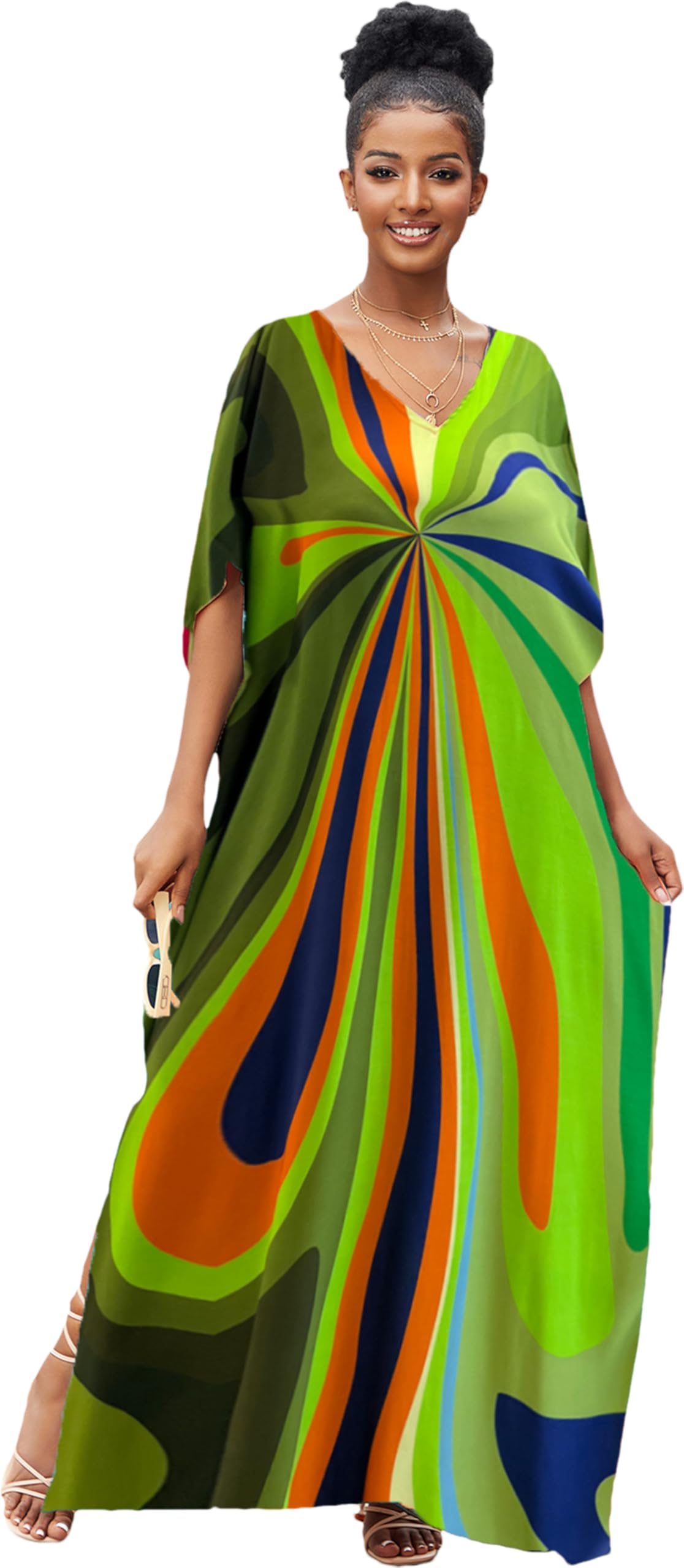 RanRui Floral Print Kaftan Dresses for Women Ethnic Boho Print Swim Cover up Batwing Sleeve Vneck Caftans