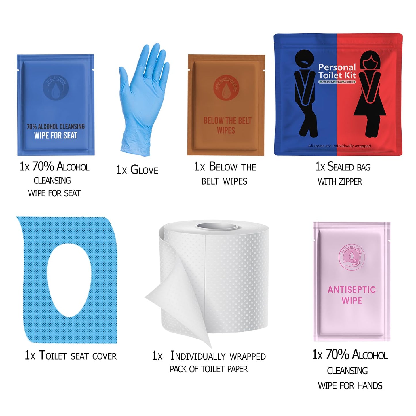 Public Restroom Kit: Pack of On-The-Go Bathroom Kits with Toilet Paper for Travel - Public Toilet Survival Kit Including Gloves, Wipes, Seat Covers in Zip Top Bag