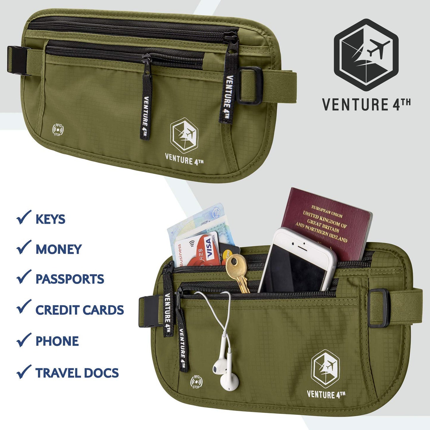 VENTURE 4TH Travel Money Belt - RFID Blocking (Gray)