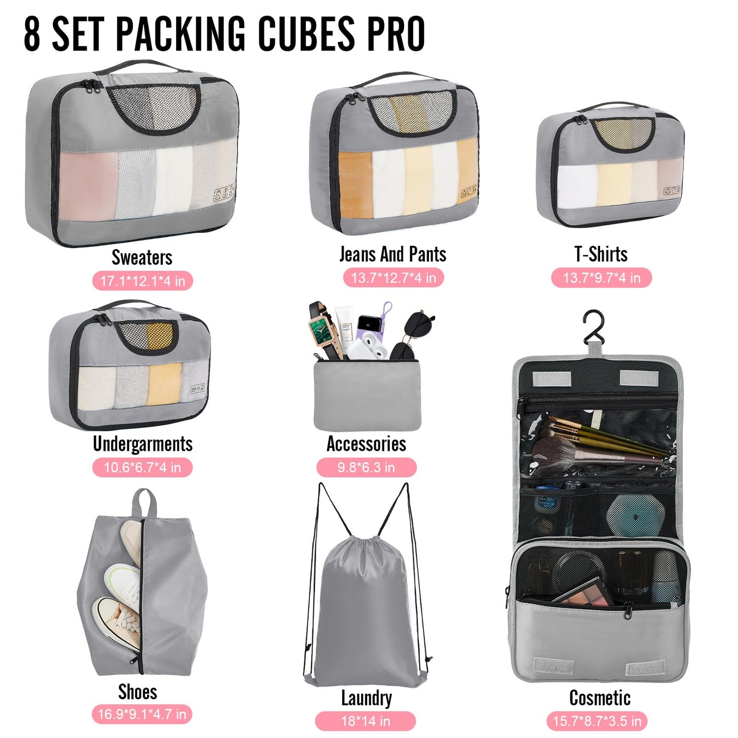 Veken 8 Set Packing Cubes for Travel Essentials, Suitcase Organizer Bags Set for Luggage, Road Trip Travel Accessories in 4 Sizes (Extra Large, Large, Medium, Small)