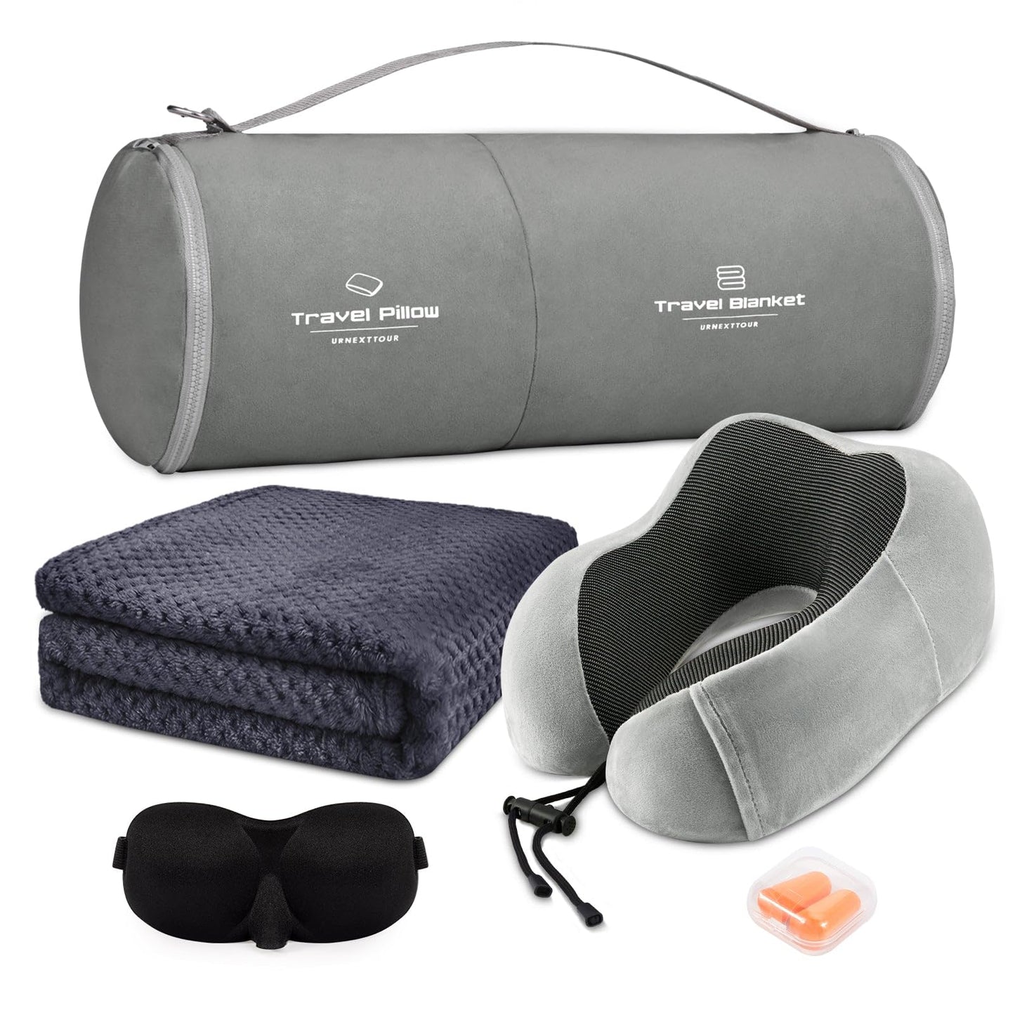 Travel Pillow and Blanket Set Neck Pillows Travel Essentials with Sleep Mask for Airplane Car Memory Foam Pink