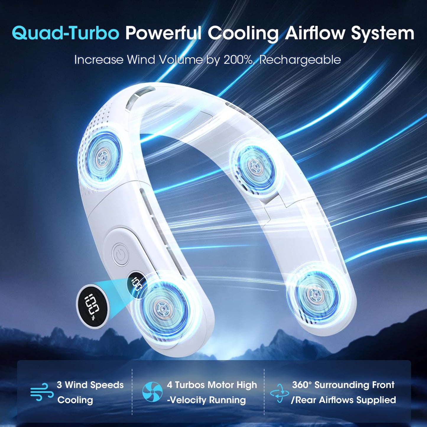 OLV Rechargeable 4 Turbo 6000mAh Portable Neck Fan - 360 Cooling Airflow, 3 Speeds, LED Battery Display, Foldable, Bladeless - Personal Fan for Work, Travel, Outdoor Activities - Black