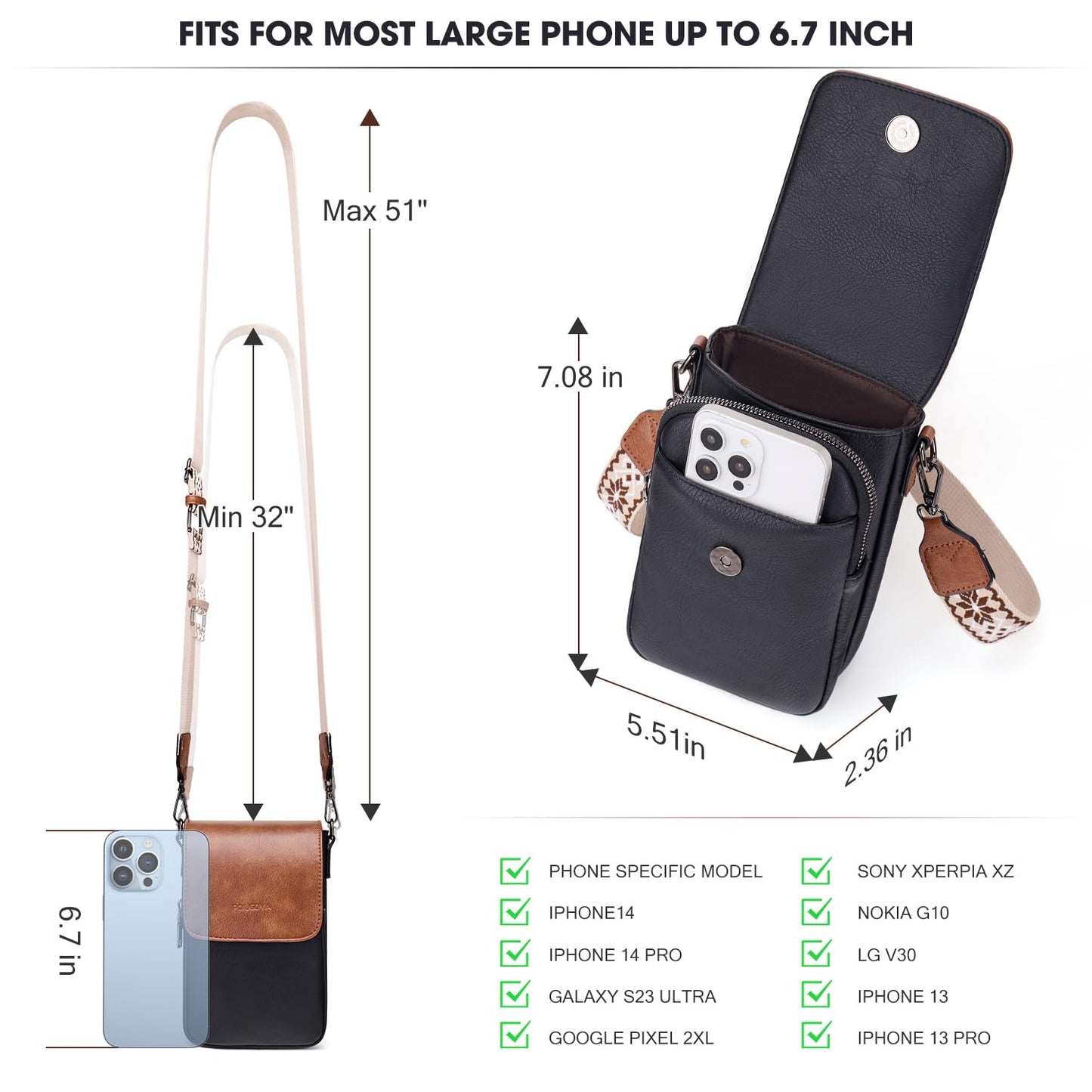 POIUGOYA Small Crossbody Bags for Women Trendy,Leather Triple Compartment Cell Phone Crossbody Wallet Purses with Card Slots