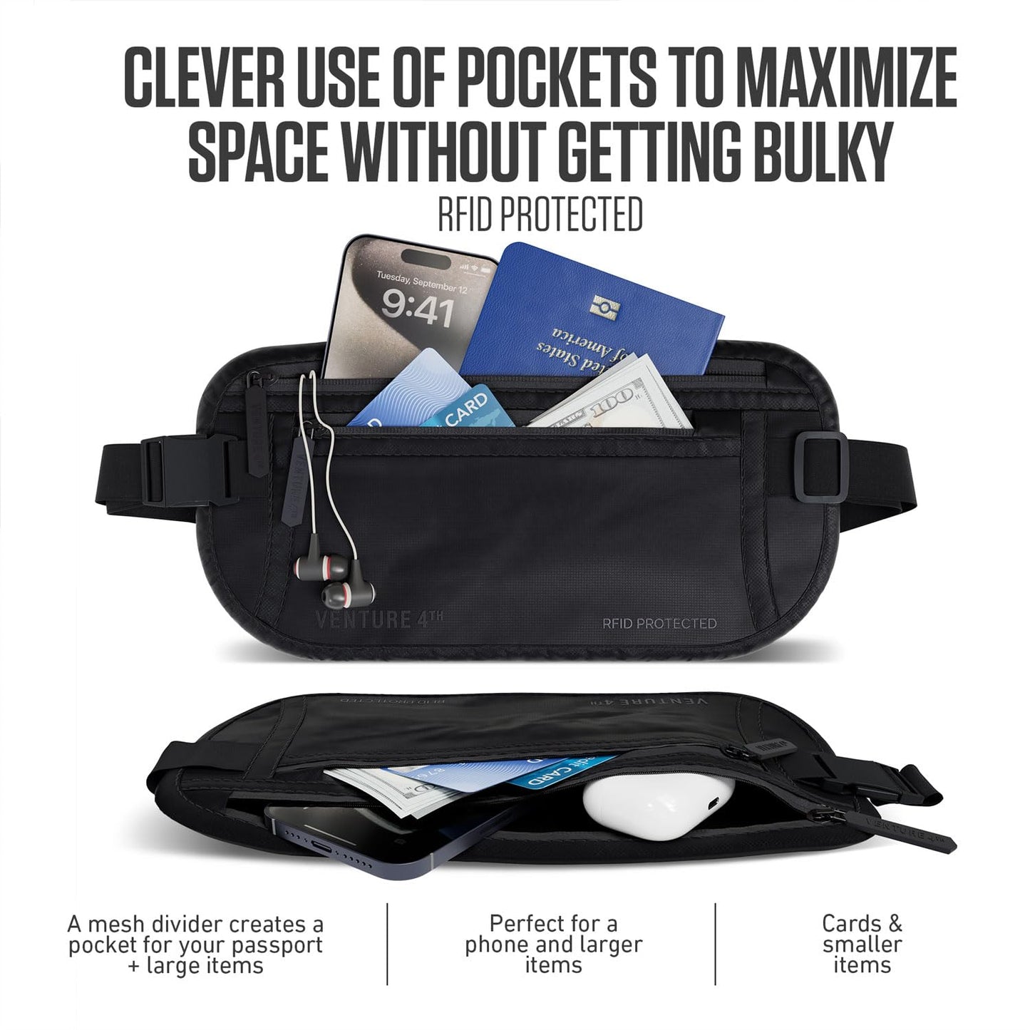 VENTURE 4TH Travel Money Belt - RFID Blocking (Gray)