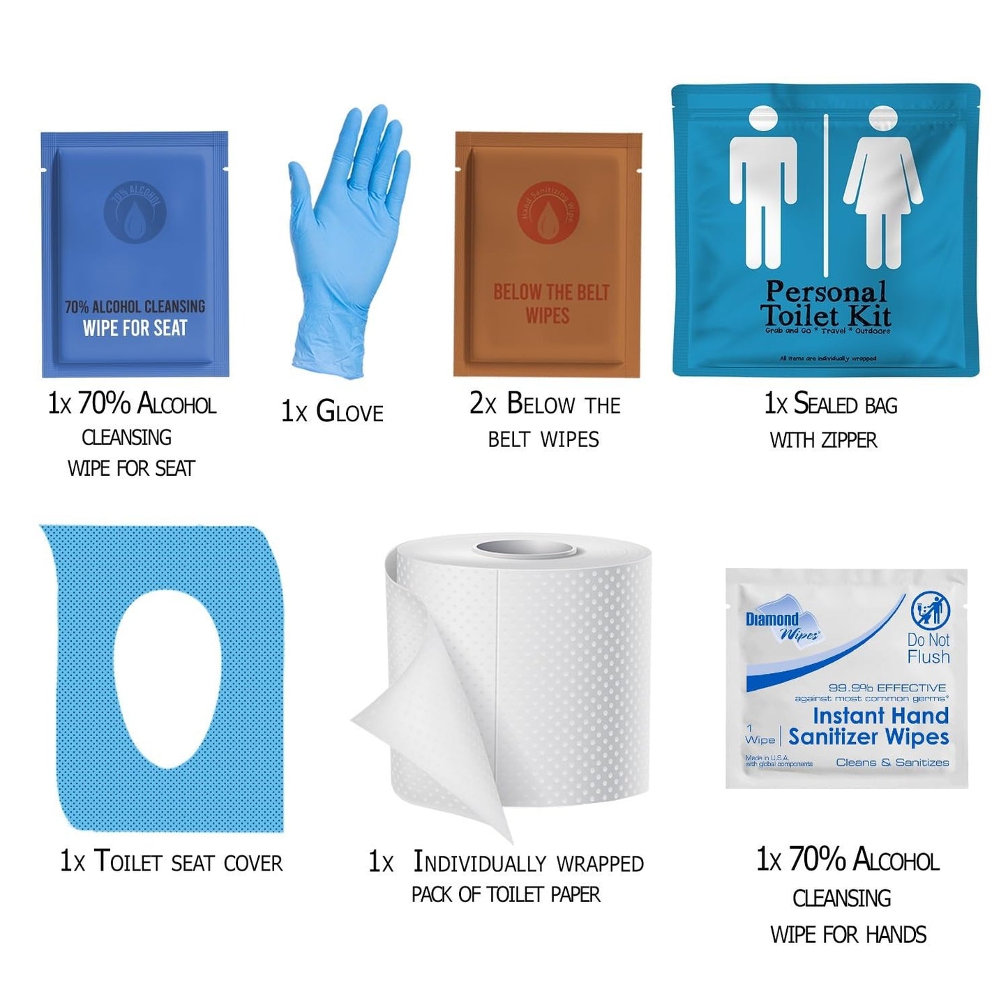 Personal Toilet Kit To Go – 10 Pack | Disposable Public Restroom Kit | Individually Wrapped for Toilet Protection Kit | Toilet Paper, Toilet Seat Cover, Butt Wipes, Cleansing Wipes (White)