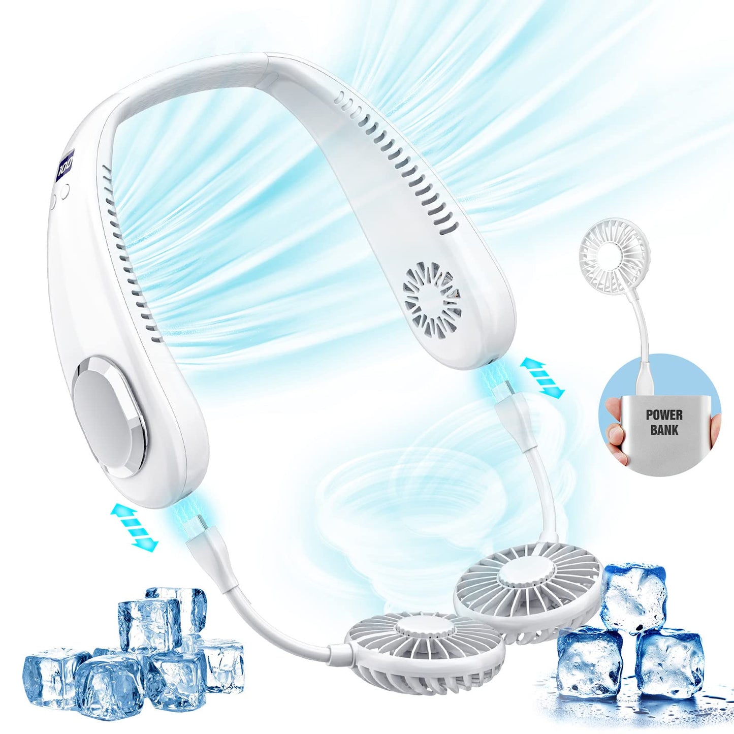 Portable Neck Fan, 9000mAh Hand Free Neck Fan, Neck Fan Air Conditioner, Bladeless Cooling Personal Neck Fan with 4 Air Outlet 3 speed for Travel, Camping, Yard Work, White