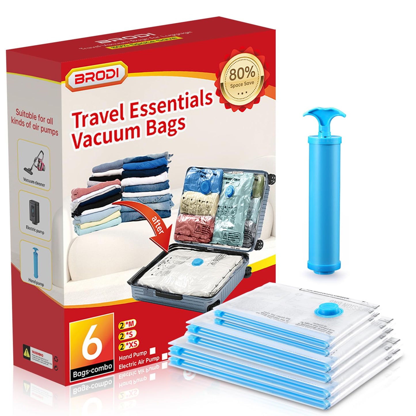 BRODI 10 Combo Pack Travel Vacuum Bags with Pump - Space Saver & Travel Essentials, Clothing & Luggage Vacuum Seal Bags