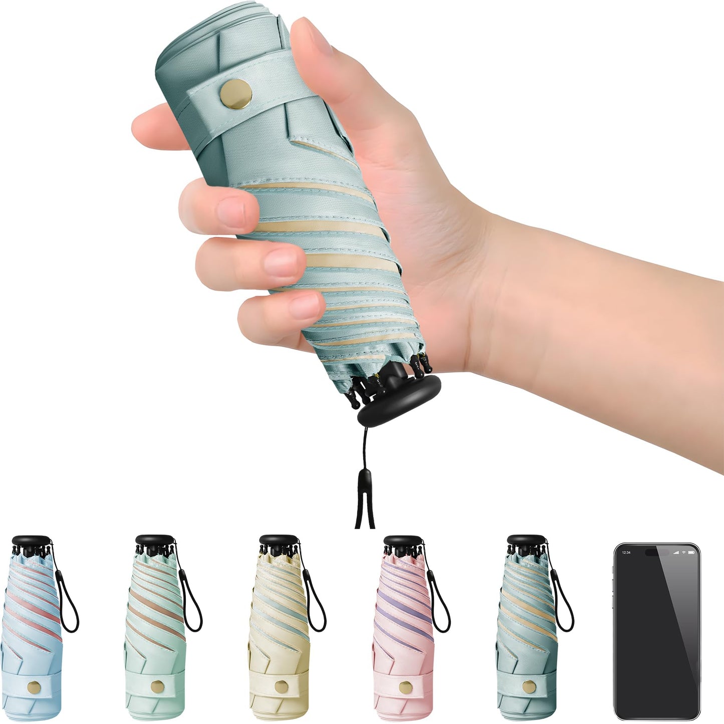 UV Blocker Mini Purse Travel Umbrella, Lightweight Portable Compact Pocket Umbrella with UPF50+ Protection & Windproof Design, Small Sun & Rain