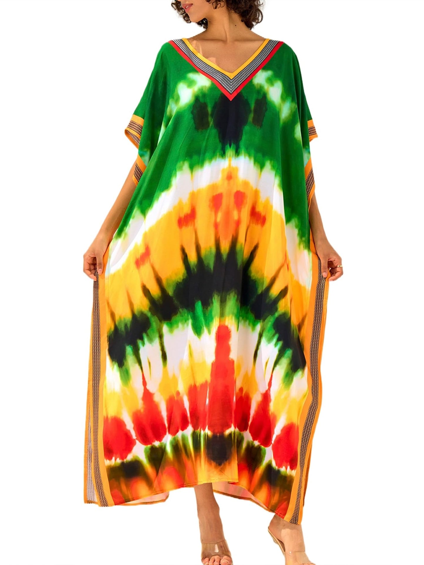 Chunoy Women V Neck Kaftan Casual Bathing Suit Kimono Sleeve Side Split Beach Cover Up Caftan Dress