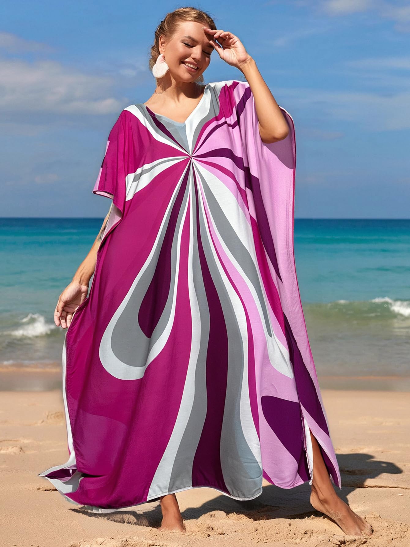 RanRui Floral Print Kaftan Dresses for Women Ethnic Boho Print Swim Cover up Batwing Sleeve Vneck Caftans