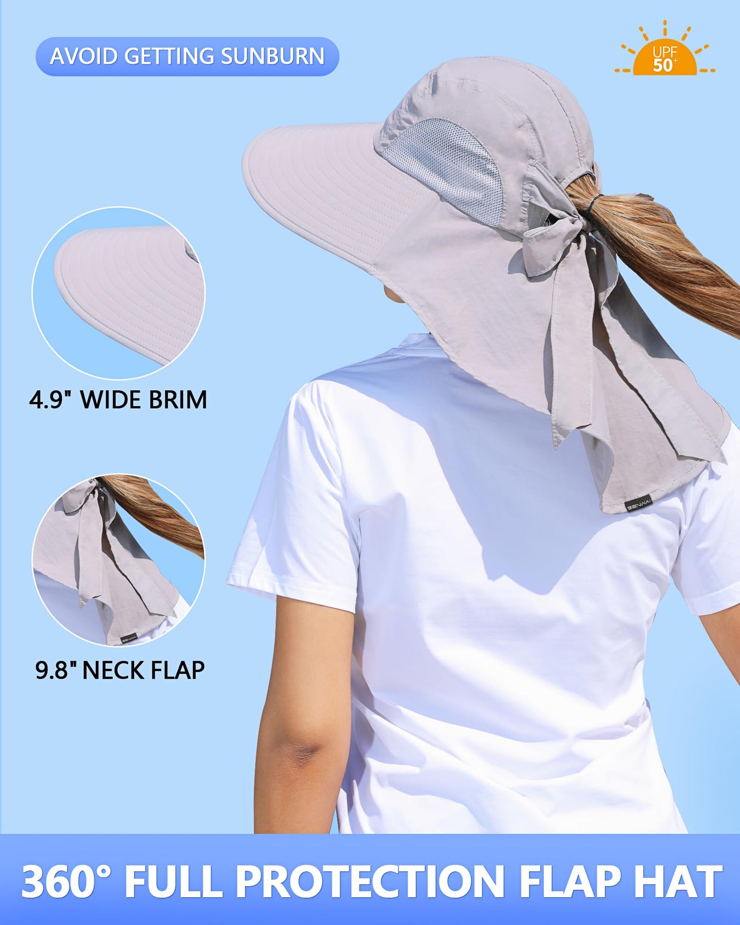 Womens Sun Hat Outdoor UV Protection Wide Brim Fishing Hat with Ponytail Hole Neck Flap for Beach Hiking Camping