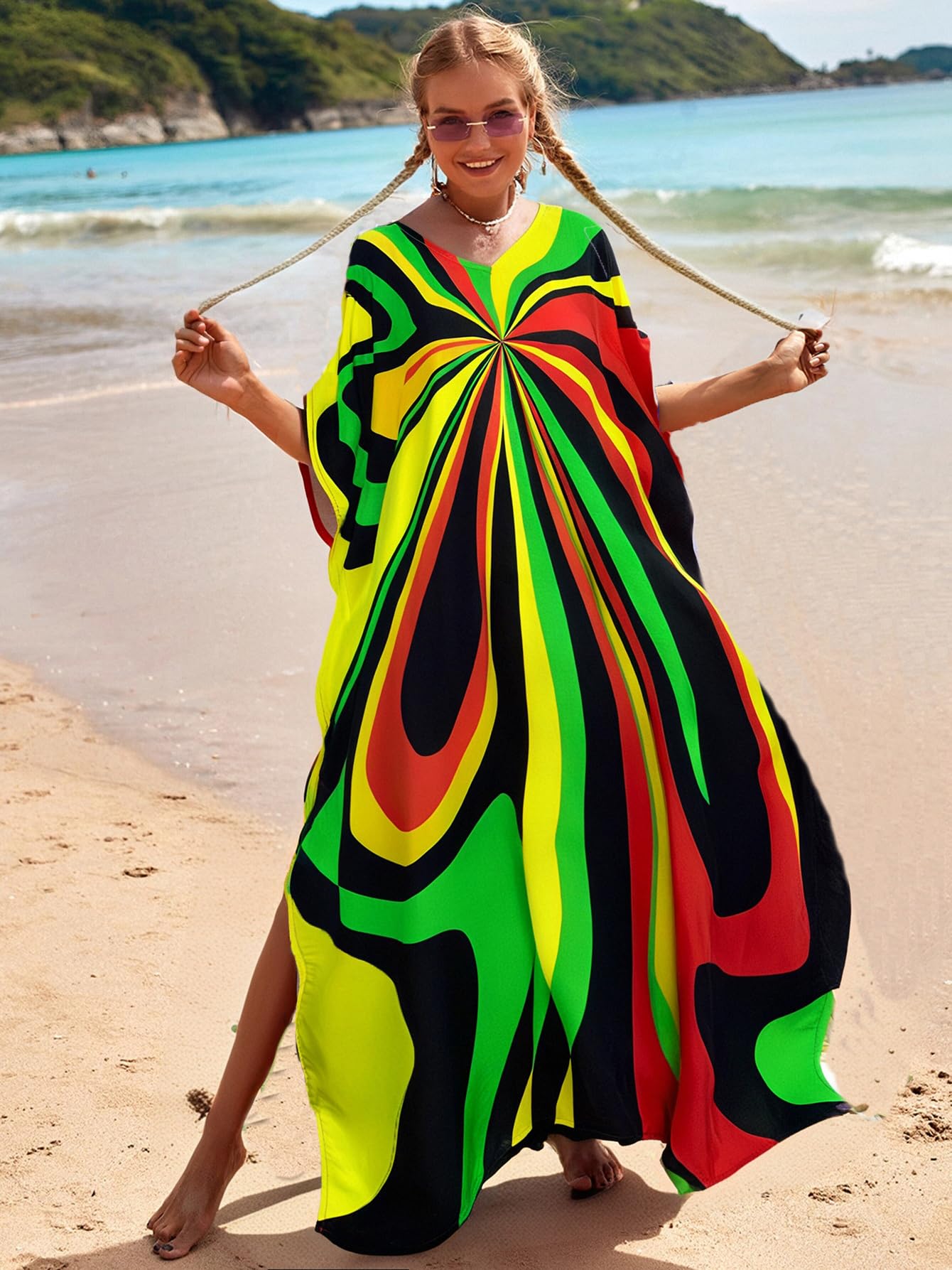 RanRui Floral Print Kaftan Dresses for Women Ethnic Boho Print Swim Cover up Batwing Sleeve Vneck Caftans